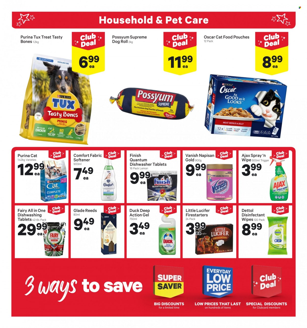 thumbnail - New World mailer - 28.11.2022 - 04.12.2022 - Sales products - pie, Dove, switch, wipes, Dettol, desinfection, Fairy, Vanish, Ajax, fabric softener, Comfort softener, dishwasher cleaner, Finish Powerball, Finish Quantum Ultimate, dishwasher tablets, bag, firelighter, Glade, animal food, cat food, dog food, Purina. Page 23.