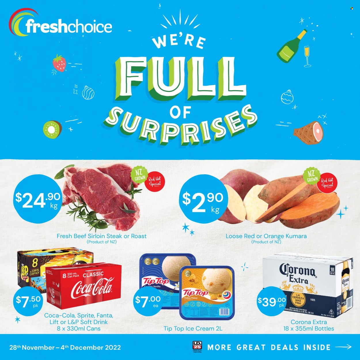 thumbnail - Fresh Choice mailer - 28.11.2022 - 04.12.2022 - Sales products - Tip Top, oranges, ice cream, Coca-Cola, Sprite, Fanta, soft drink, L&P, beer, Corona Extra, Modelo, beef meat, beef sirloin, steak, sirloin steak. Page 1.