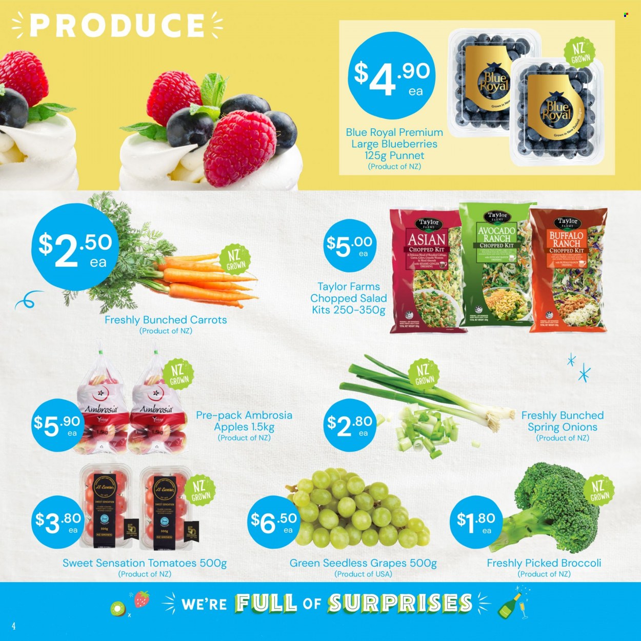 thumbnail - Fresh Choice mailer - 28.11.2022 - 04.12.2022 - Sales products - broccoli, carrots, ginger, tomatoes, onion, salad, chopped salad, blueberries, grapes, seedless grapes, apples, dressing, almonds. Page 4.