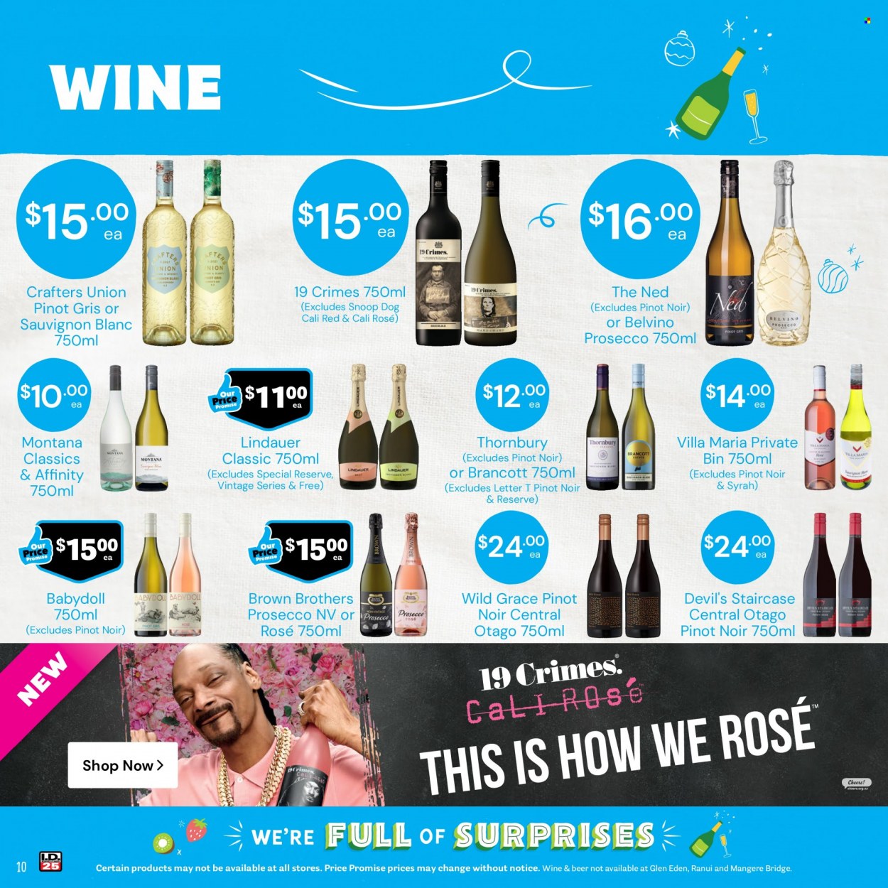 thumbnail - Fresh Choice mailer - 28.11.2022 - 04.12.2022 - Sales products - red wine, sparkling wine, white wine, prosecco, wine, Pinot Noir, Lindauer, Syrah, Pinot Grigio, Sauvignon Blanc, rosé wine, BROTHERS, beer. Page 10.