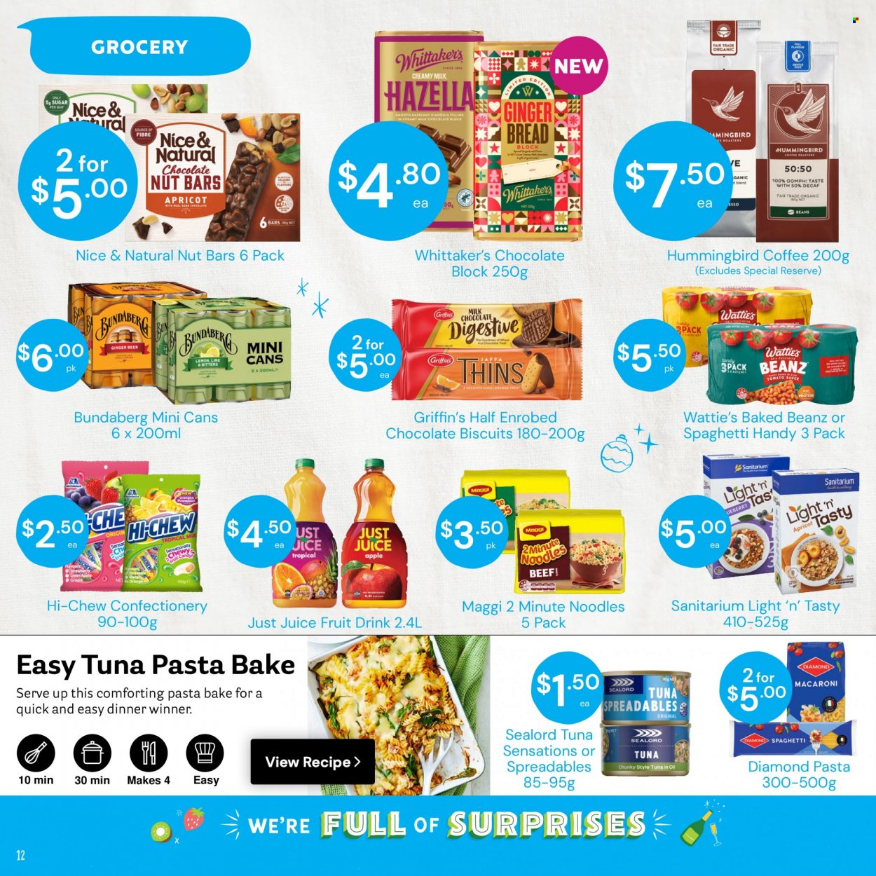 thumbnail - Fresh Choice mailer - 28.11.2022 - 04.12.2022 - Sales products - bread, oranges, tuna, Sealord, macaroni, sauce, noodles, Wattie's, milk chocolate, chocolate, biscuit, Griffin's, Whittaker's, Digestive, sugar, Maggi, tomato sauce, sealord tuna, nut bar, juice, fruit drink, Bundaberg, coffee, beer, ginger beer. Page 12.