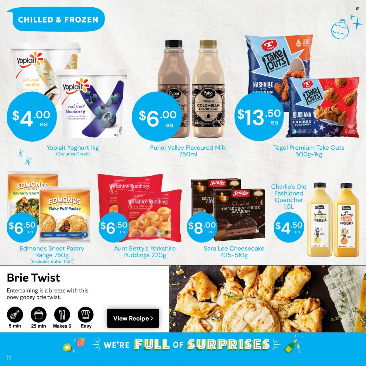 thumbnail - Fresh Choice mailer - 28.11.2022 - 04.12.2022 - Sales products - Sara Lee, cheesecake, oranges, sausage, brie, pudding, yoghurt, Yoplait, milk, flavoured milk, butter, puff pastry, lemonade, fruit drink, Sure. Page 14.