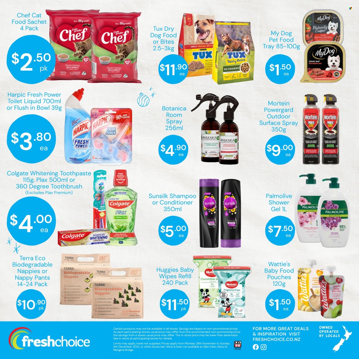 thumbnail - Fresh Choice mailer - 28.11.2022 - 04.12.2022 - Sales products - Wattie's, wine, beer, wipes, Huggies, pants, baby wipes, nappies, Mortein, Harpic, shampoo, shower gel, Palmolive, Sunsilk, Colgate, toothbrush, toothpaste, Plax, conditioner, animal food, dry dog food, cat food, dog food. Page 16.