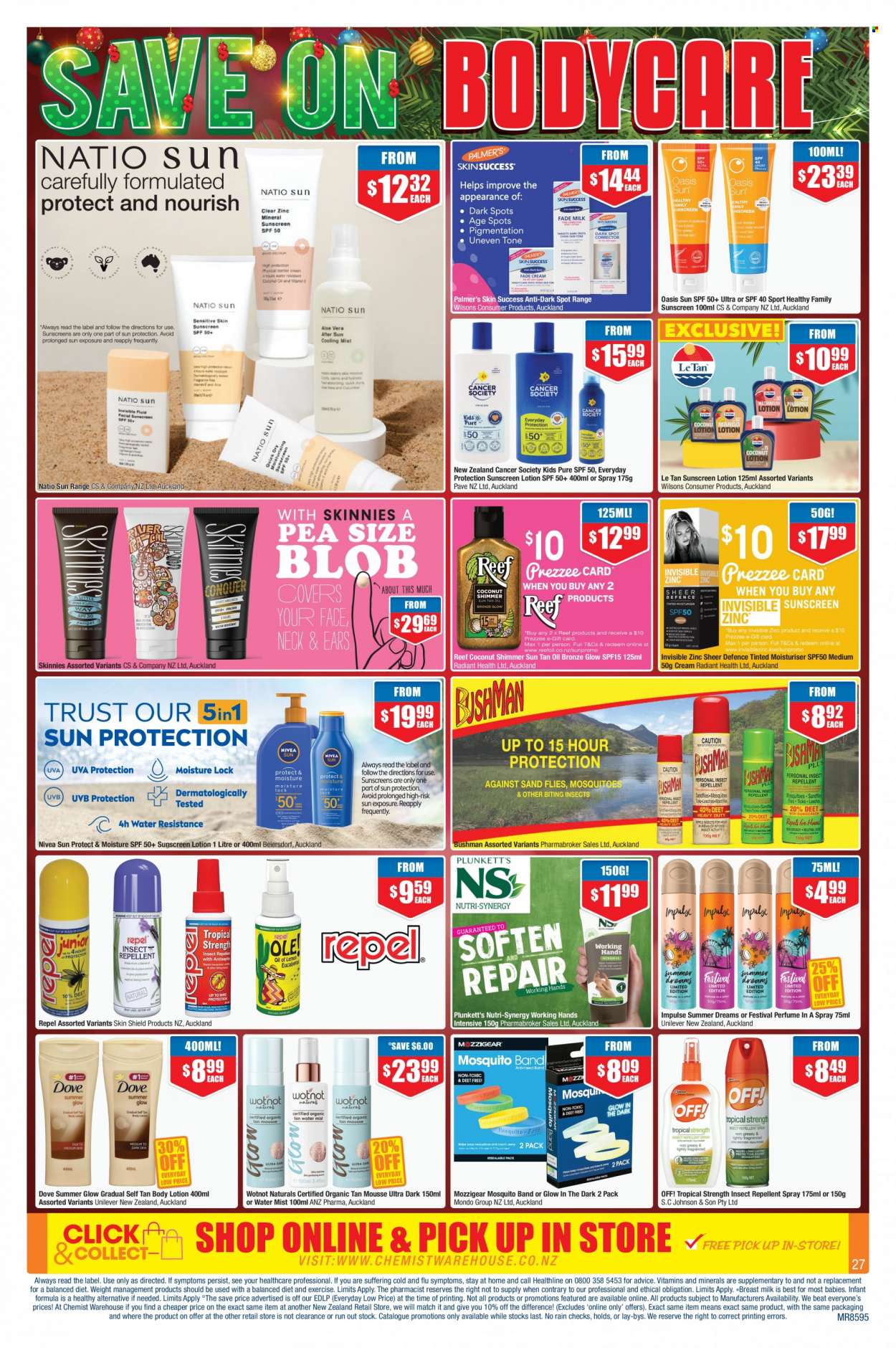 thumbnail - Chemist Warehouse mailer - 28.11.2022 - 24.12.2022 - Sales products - Johnson's, Nivea, Dove, body lotion, sunscreen lotion, eau de parfum, repellent, zinc. Page 27.