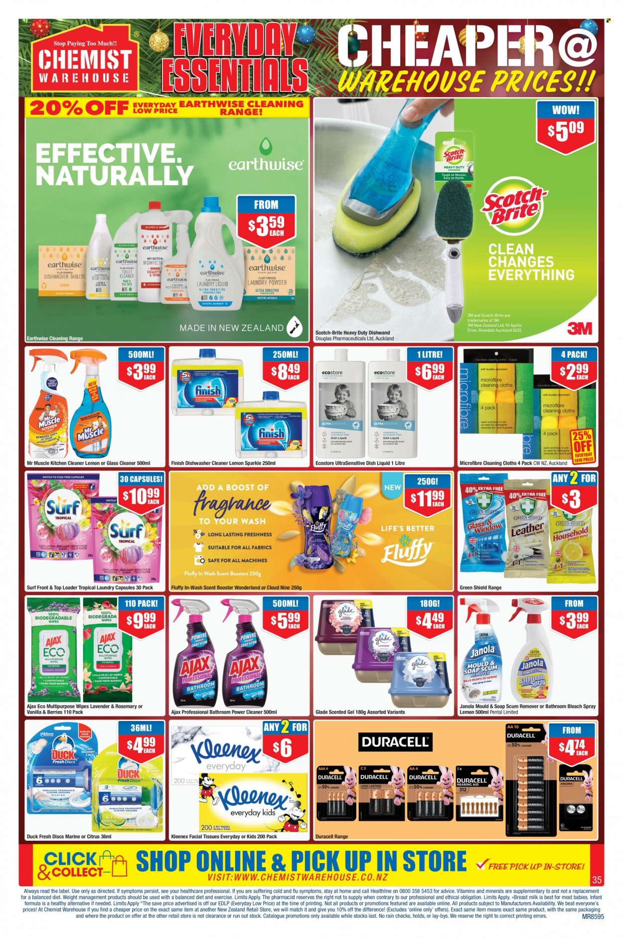thumbnail - Chemist Warehouse mailer - 28.11.2022 - 24.12.2022 - Sales products - wipes, Kleenex, tissues, multipurpose wipes, cleaner, bleach, Ajax Eco, glass cleaner, Mr. Muscle, Ajax, laundry capsules, Surf, dishwashing liquid, dishwasher cleaner, soap, facial tissues, Brite. Page 35.