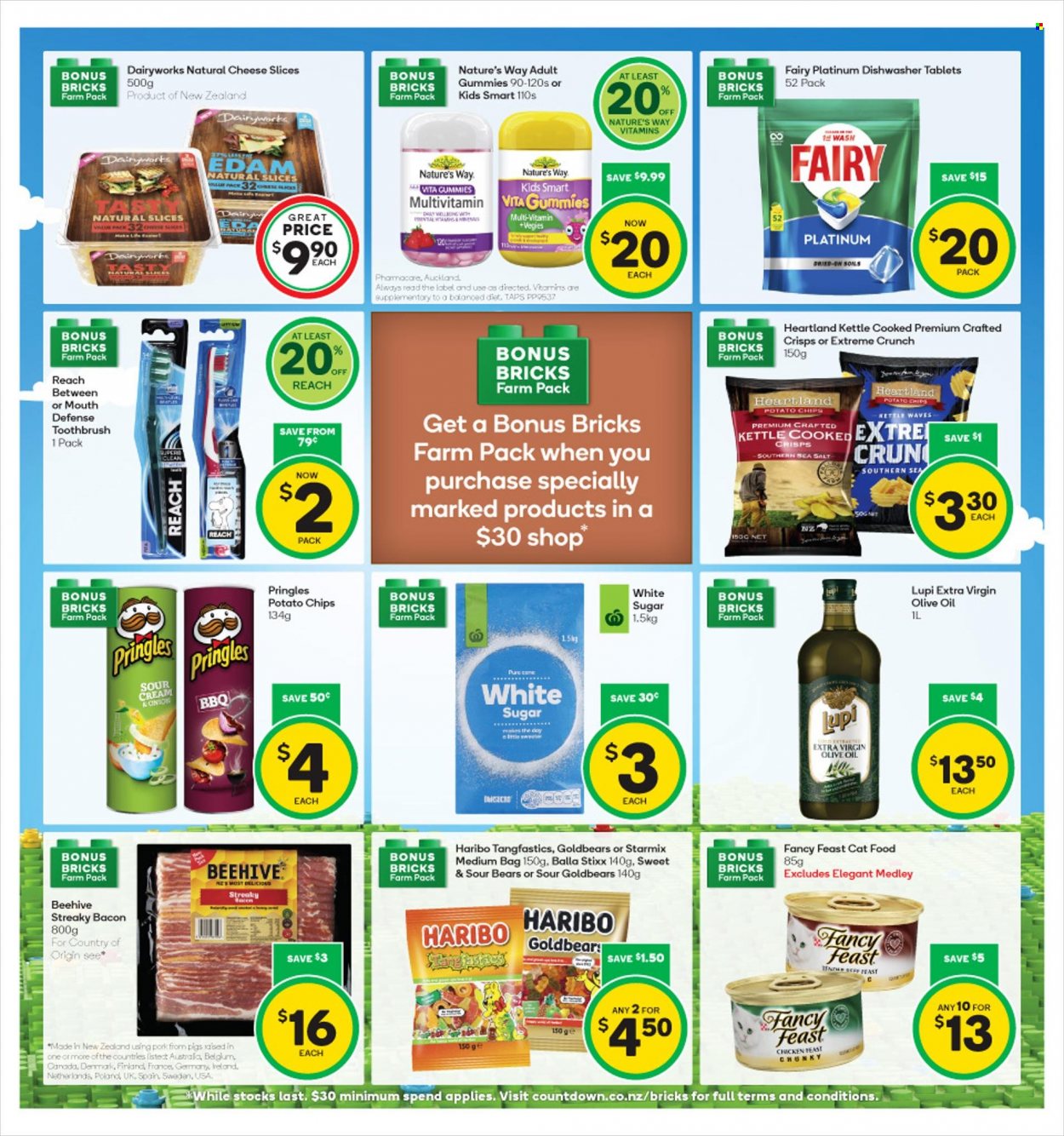 thumbnail - Countdown mailer - 28.11.2022 - 04.12.2022 - Sales products - bacon, streaky bacon, edam cheese, sliced cheese, cheese, Haribo, potato chips, Pringles, chips, Heartland, sugar, extra virgin olive oil, olive oil, oil, Fairy, dishwasher cleaner, dishwasher tablets, toothbrush, animal food, cat food, Fancy Feast, multivitamin. Page 5.