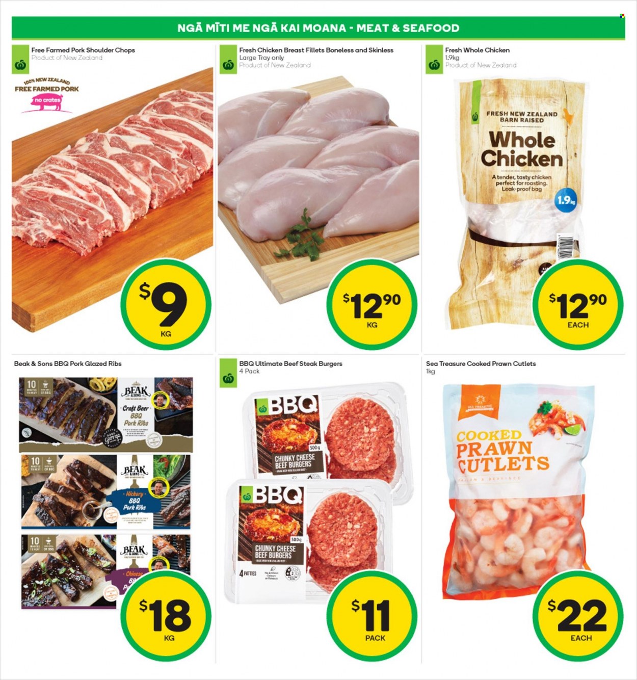 thumbnail - Countdown mailer - 28.11.2022 - 04.12.2022 - Sales products - seafood, prawns, hamburger, beef burger, cheese, beer, whole chicken, chicken breasts, beef meat, beef steak, steak, pork meat, pork ribs, pork shoulder, tray. Page 7.
