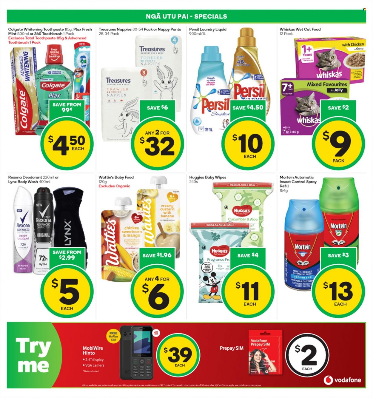 thumbnail - Countdown mailer - 28.11.2022 - 04.12.2022 - Sales products - Wattie's, custard, tea, wipes, Huggies, pants, baby wipes, nappies, Mortein, Persil, laundry detergent, body wash, Colgate, toothbrush, toothpaste, Plax, anti-perspirant, fragrance, Rexona, deodorant, bag, animal food, cat food, Whiskas, wet cat food, bouquet. Page 22.