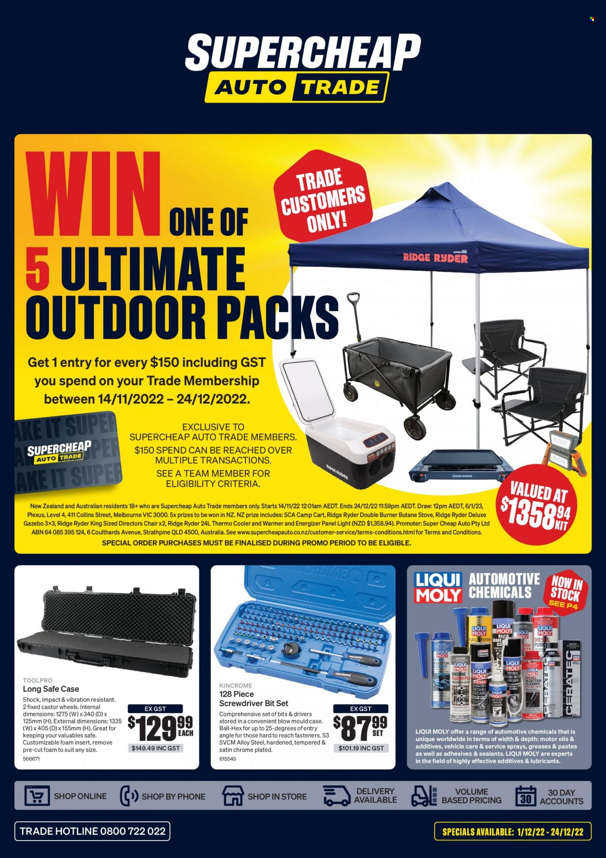 thumbnail - SuperCheap Auto mailer - 01.12.2022 - 24.12.2022 - Sales products - Ridge Ryder, Energizer, chair, screwdriver bits, cart, vehicle, degreaser, butane stove. Page 1.