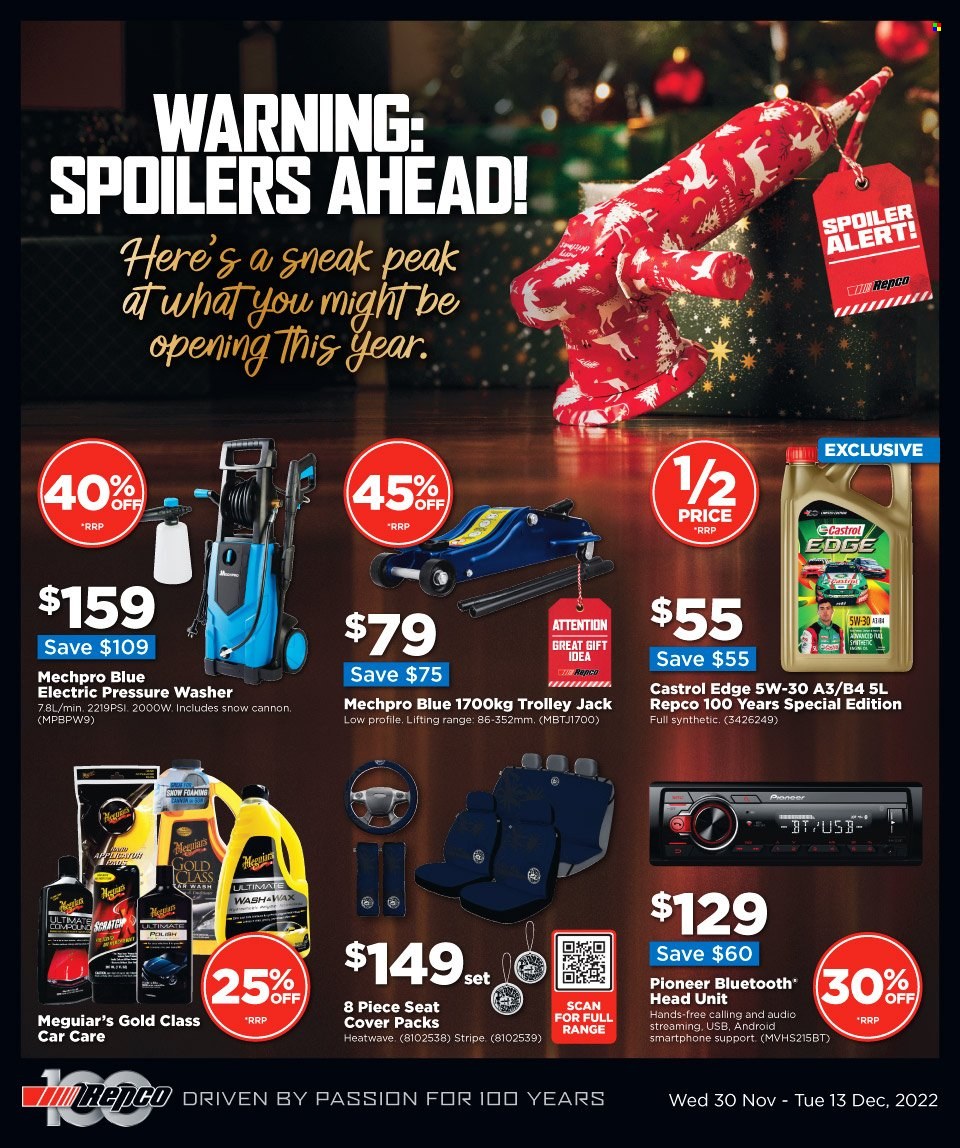 thumbnail - Repco mailer - 30.11.2022 - 13.12.2022 - Sales products - trolley, Pioneer, electric pressure washer, pressure washer, Mechpro Blue, car seat cover, polish, Castrol. Page 1.