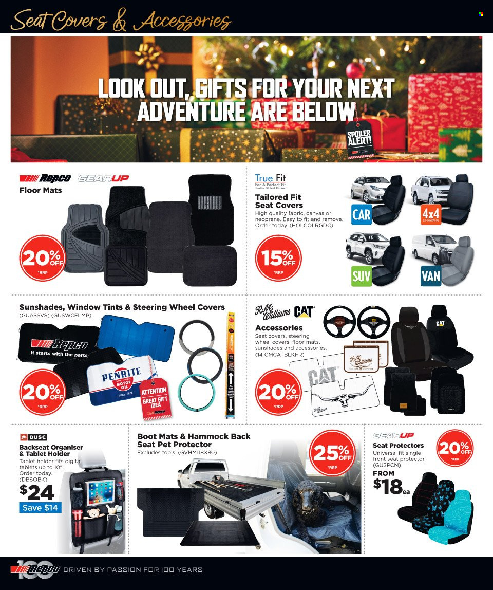 thumbnail - Repco mailer - 30.11.2022 - 13.12.2022 - Sales products - holder, camera, car seat cover, Penrite, motor oil, wheel covers. Page 4.