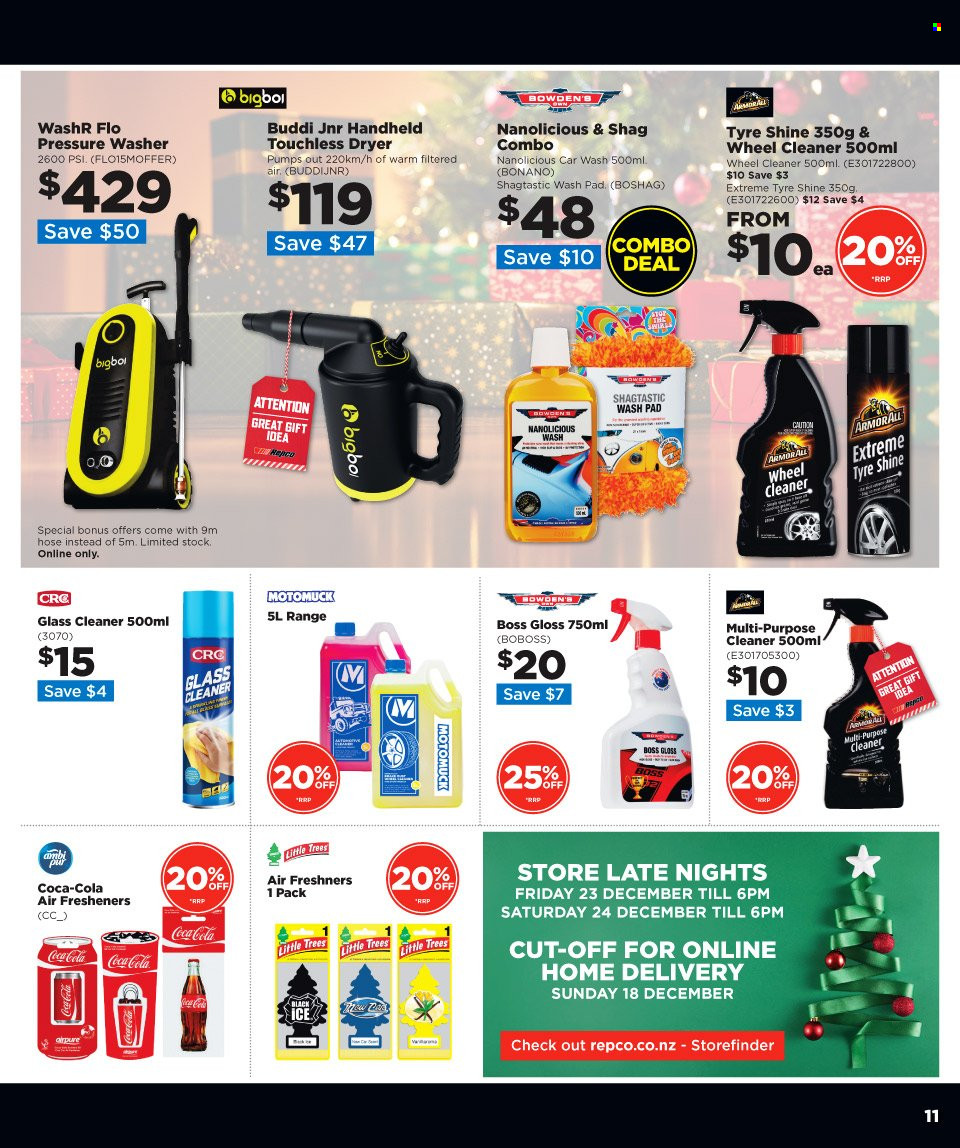 thumbnail - Repco mailer - 30.11.2022 - 13.12.2022 - Sales products - cleaner, glass cleaner, shirt, pressure washer, Armor All, Bowden's, air freshener, tyre shine. Page 11.