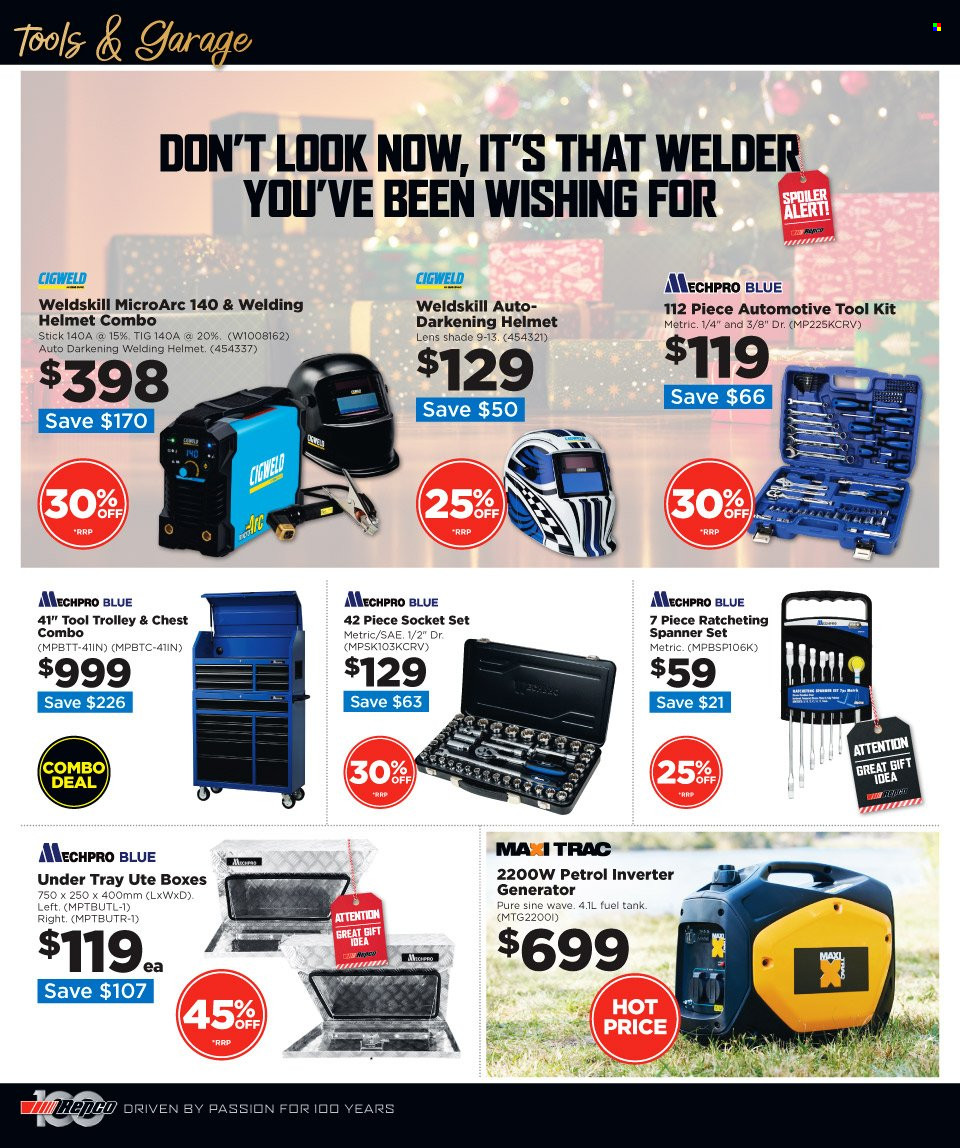 thumbnail - Repco mailer - 30.11.2022 - 13.12.2022 - Sales products - trolley, socket set, tool set, welding helmet, generator, inverter generator, Mechpro Blue, welder. Page 14.