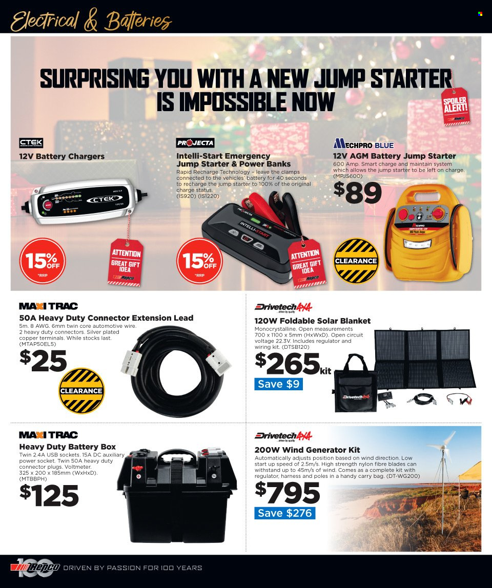 thumbnail - Repco mailer - 30.11.2022 - 13.12.2022 - Sales products - battery charger, socket, blanket, generator, extension lead, Mechpro Blue, battery box, starter, wiring kit. Page 16.