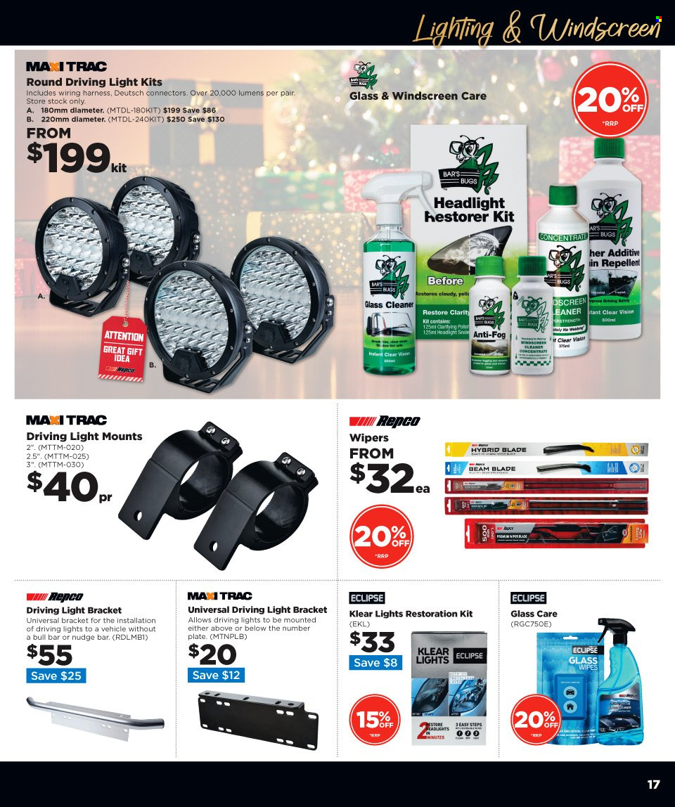 thumbnail - Repco mailer - 30.11.2022 - 13.12.2022 - Sales products - wipes, cleaner, glass cleaner, plate, vehicle, lighting, headlamp, driving lights, wiring harness, polish, Eclipse. Page 17.