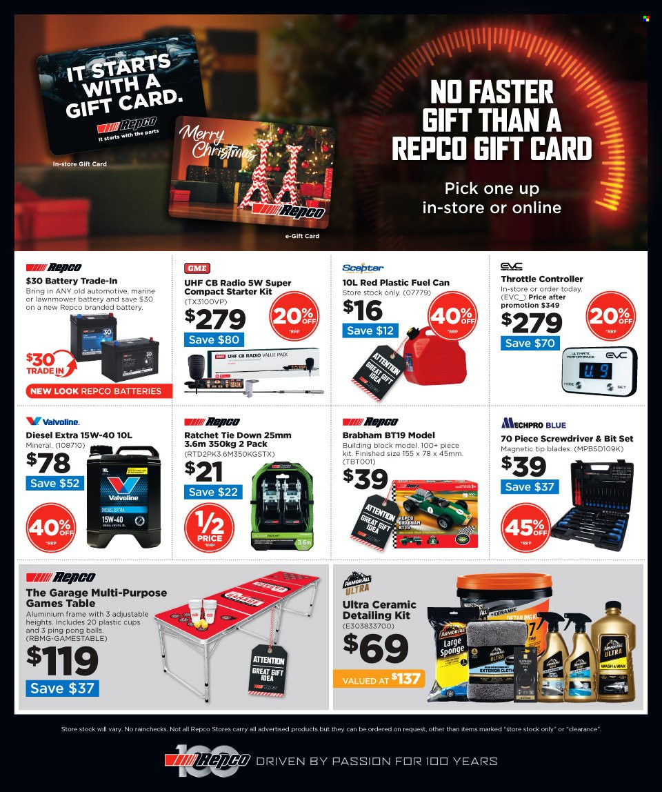 thumbnail - Repco mailer - 30.11.2022 - 13.12.2022 - Sales products - sponge, cup, radio, screwdriver, table, Mechpro Blue, Armor All, fuel can, Valvoline. Page 20.