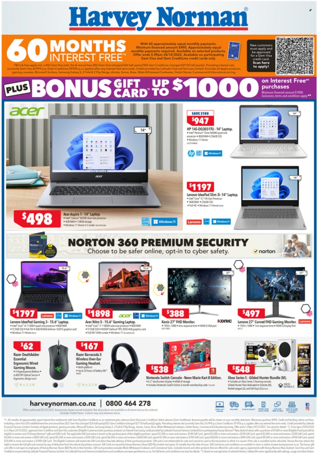 thumbnail - Harvey Norman mailer - 02.12.2022 - 04.12.2022 - Sales products - gaming mouse, Razer, gaming headset, Nintendo Switch, Apple, Intel, Norton, Acer, Lenovo, Hewlett Packard, Samsung Galaxy, drone, Samsung, Samsung Galaxy S, laptop, gaming laptop, GeForce, mouse, monitor, Xbox, Sonos, BOSE, headset, Miele. Page 4.