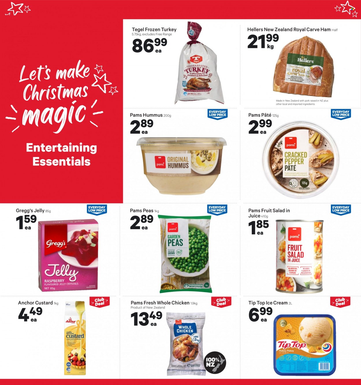 thumbnail - New World mailer - 05.12.2022 - 11.12.2022 - Sales products - Tip Top, ham, hummus, custard, cage free eggs, Anchor, jelly, fruit salad, pepper, juice, whole chicken, whole turkey. Page 8.