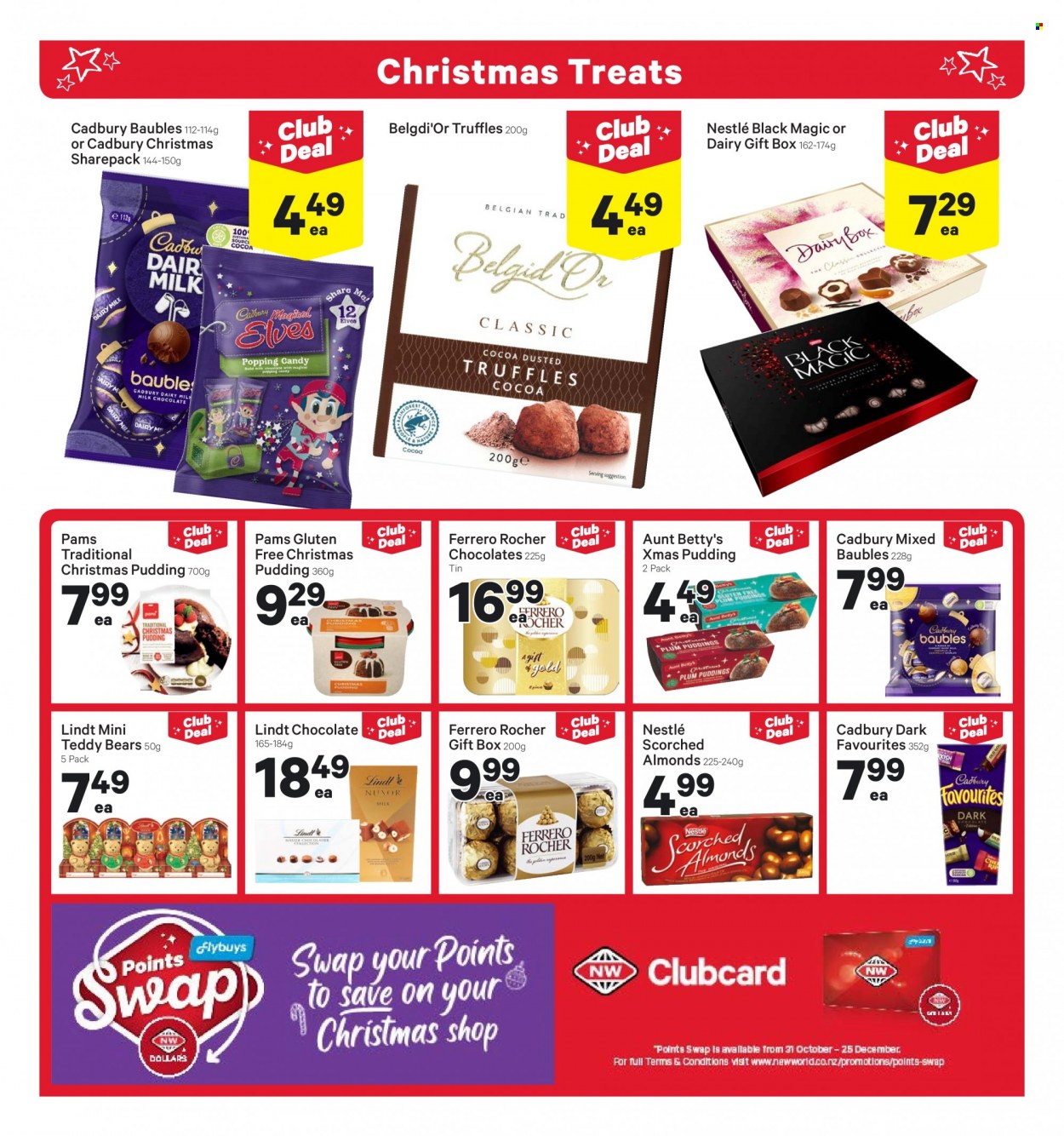 thumbnail - New World mailer - 05.12.2022 - 11.12.2022 - Sales products - pudding, milk chocolate, Nestlé, chocolate, Ferrero Rocher, Lindt, truffles, dark chocolate, Cadbury, Scorched Almonds, Dairy Milk, gift box, bauble. Page 17.