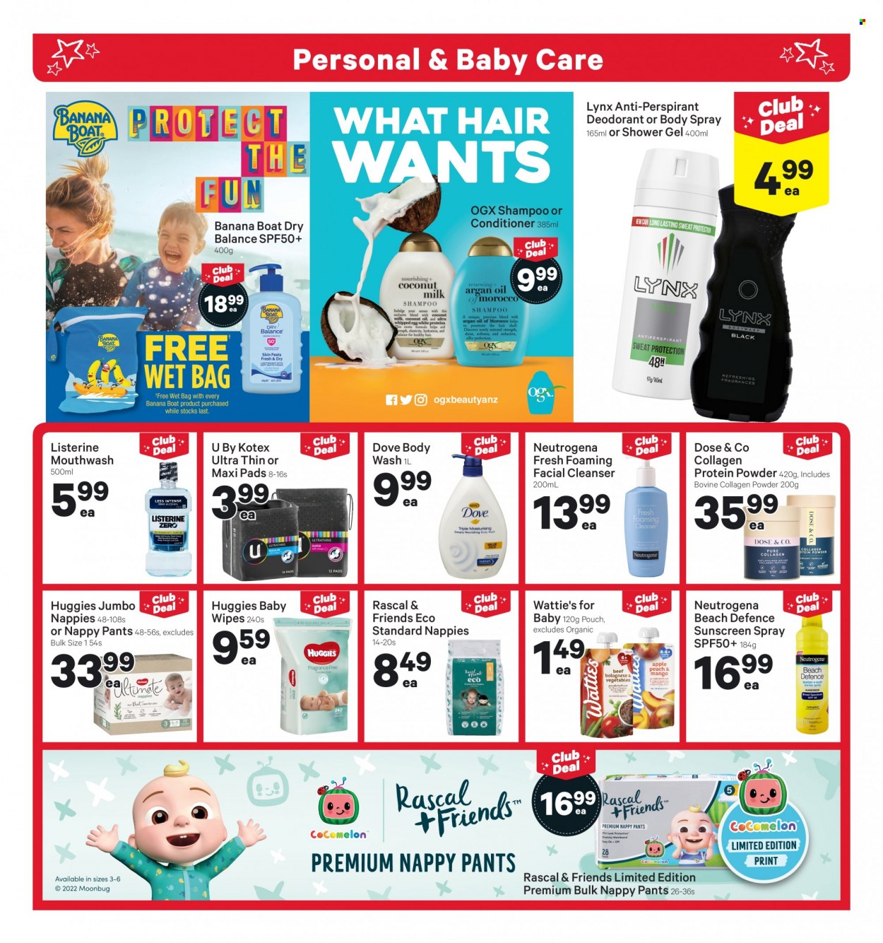 thumbnail - New World mailer - 05.12.2022 - 11.12.2022 - Sales products - Wattie's, Silk, Dove, wipes, Huggies, pants, baby wipes, nappies, body wash, shampoo, shower gel, Listerine, mouthwash, sanitary pads, Kotex, cleanser, Neutrogena, OGX, conditioner, body spray, anti-perspirant, deodorant, Schick, bag, whey protein. Page 25.