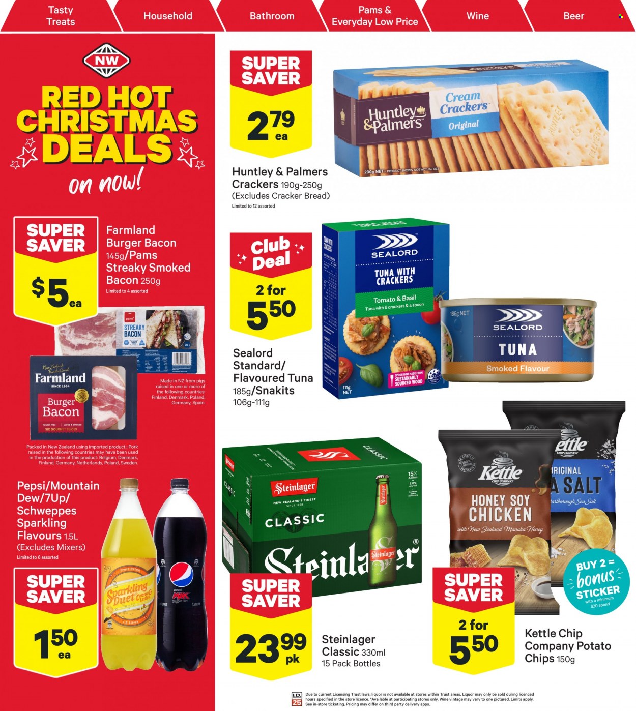thumbnail - New World mailer - 05.12.2022 - 11.12.2022 - Sales products - bread, tuna, Sealord, hamburger, bacon, crackers, potato chips, chips, Mountain Dew, Schweppes, Pepsi, 7UP, wine, beer, Steinlager. Page 2.