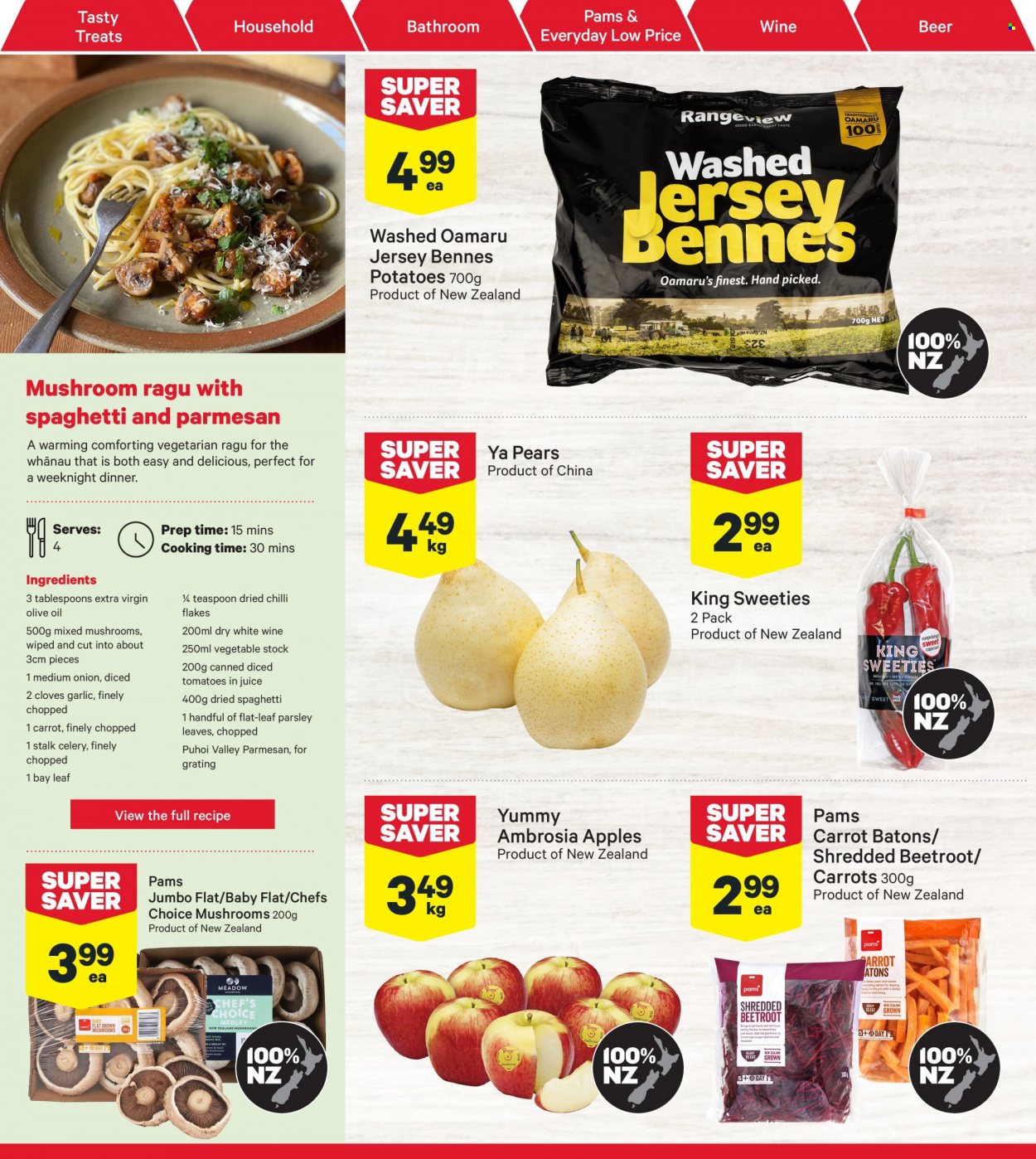 thumbnail - New World mailer - 05.12.2022 - 11.12.2022 - Sales products - garlic, tomatoes, potatoes, parsley, onion, pears, apples, spaghetti, vegetable stock, parmesan, diced tomatoes, cloves, ragu, extra virgin olive oil, olive oil, oil, juice, wine, beer, teaspoon. Page 6.