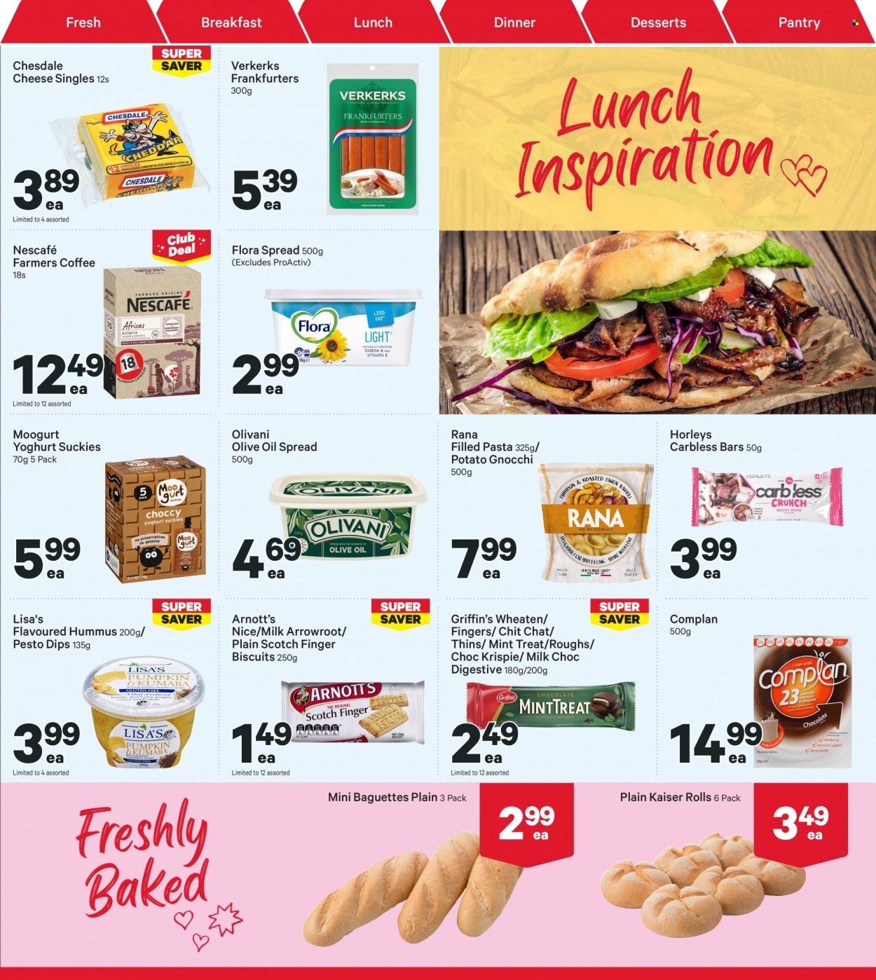 thumbnail - New World mailer - 05.12.2022 - 11.12.2022 - Sales products - baguette, gnocchi, pasta, Rana, filled pasta, hummus, cheese, yoghurt, Flora, biscuit, Griffin's, Digestive, Thins, pesto, olive oil, oil, coffee, Nescafé. Page 13.