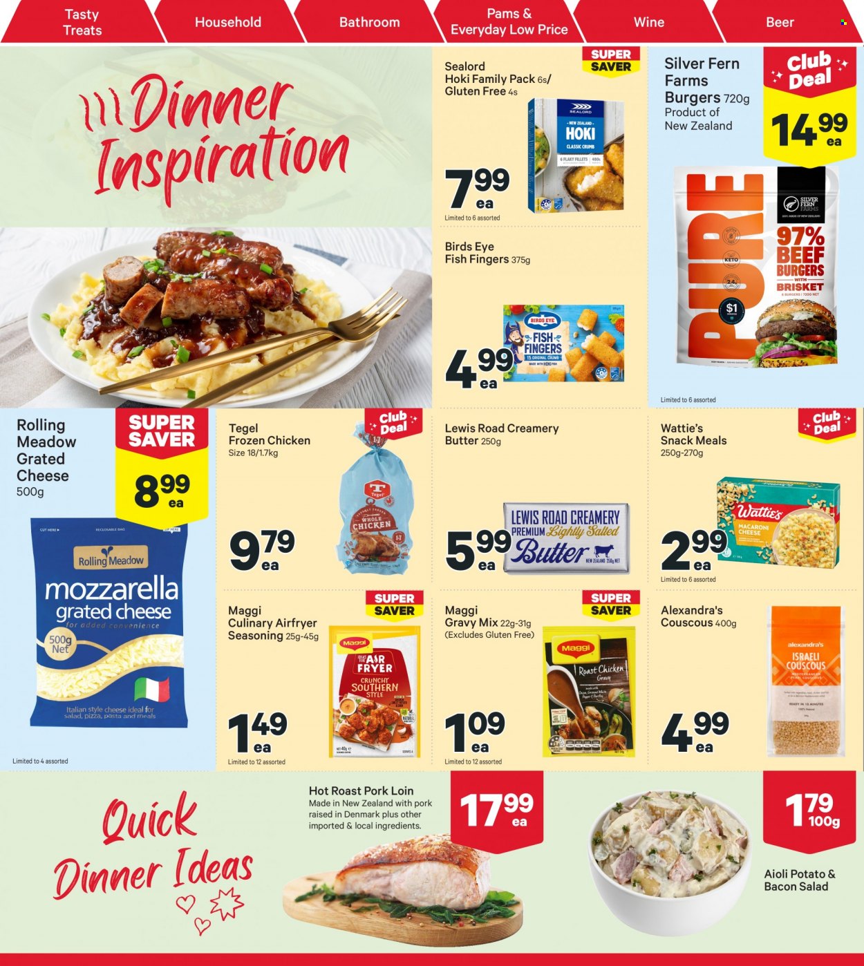 thumbnail - New World mailer - 05.12.2022 - 11.12.2022 - Sales products - fish, Sealord, hoki fish, fish fingers, fish sticks, hamburger, Bird's Eye, Wattie's, bacon, cheese, grated cheese, butter, snack, Maggi, couscous, gravy mix, spice, beer, pork loin, pork meat. Page 14.