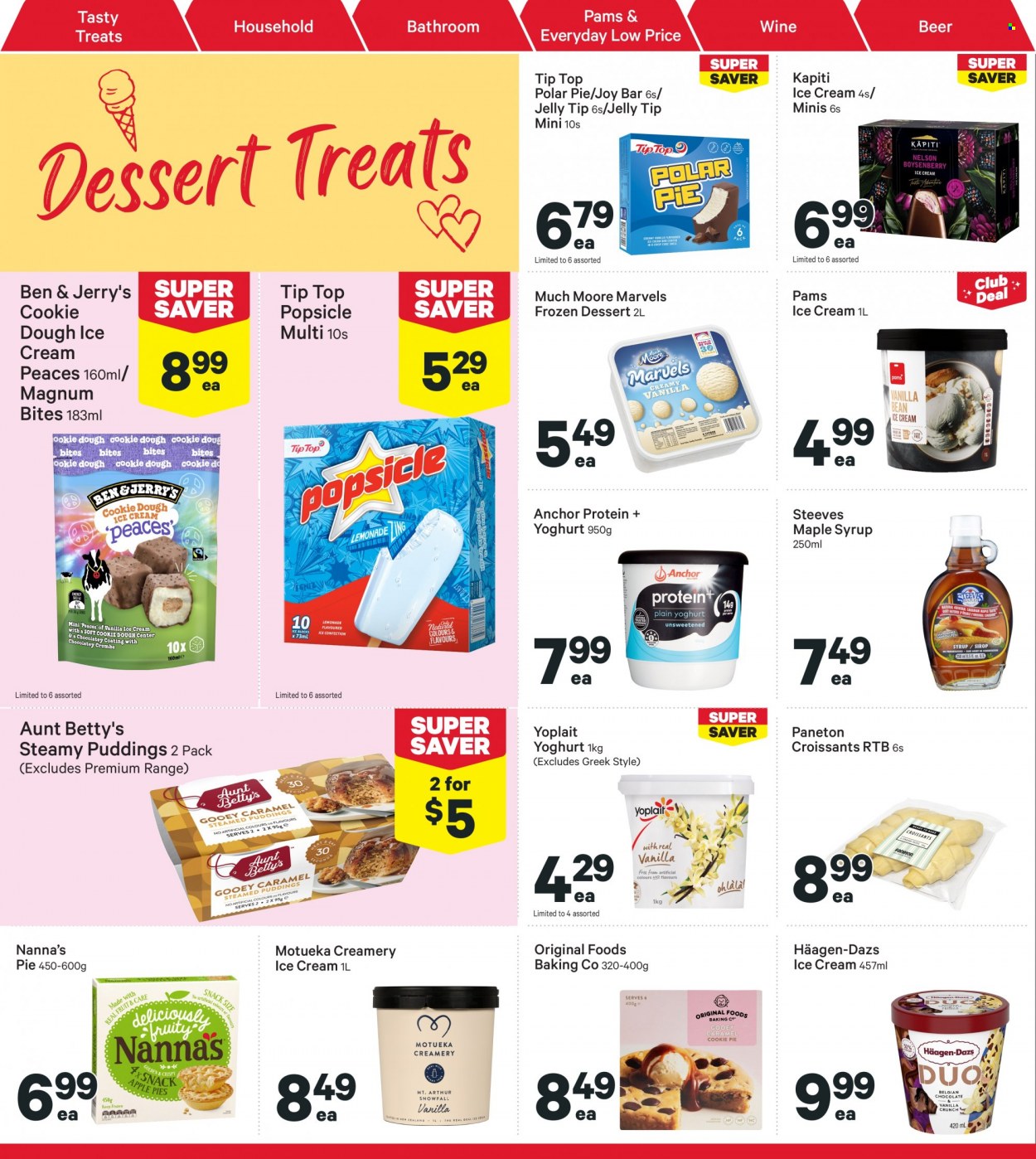 thumbnail - New World mailer - 05.12.2022 - 11.12.2022 - Sales products - pie, Tip Top, croissant, pudding, yoghurt, Yoplait, Anchor, Magnum, ice cream, Häagen-Dazs, Ben & Jerry's, Much Moore, Joy Bar, cookie dough, jelly, maple syrup, syrup, wine, beer, Joy. Page 16.