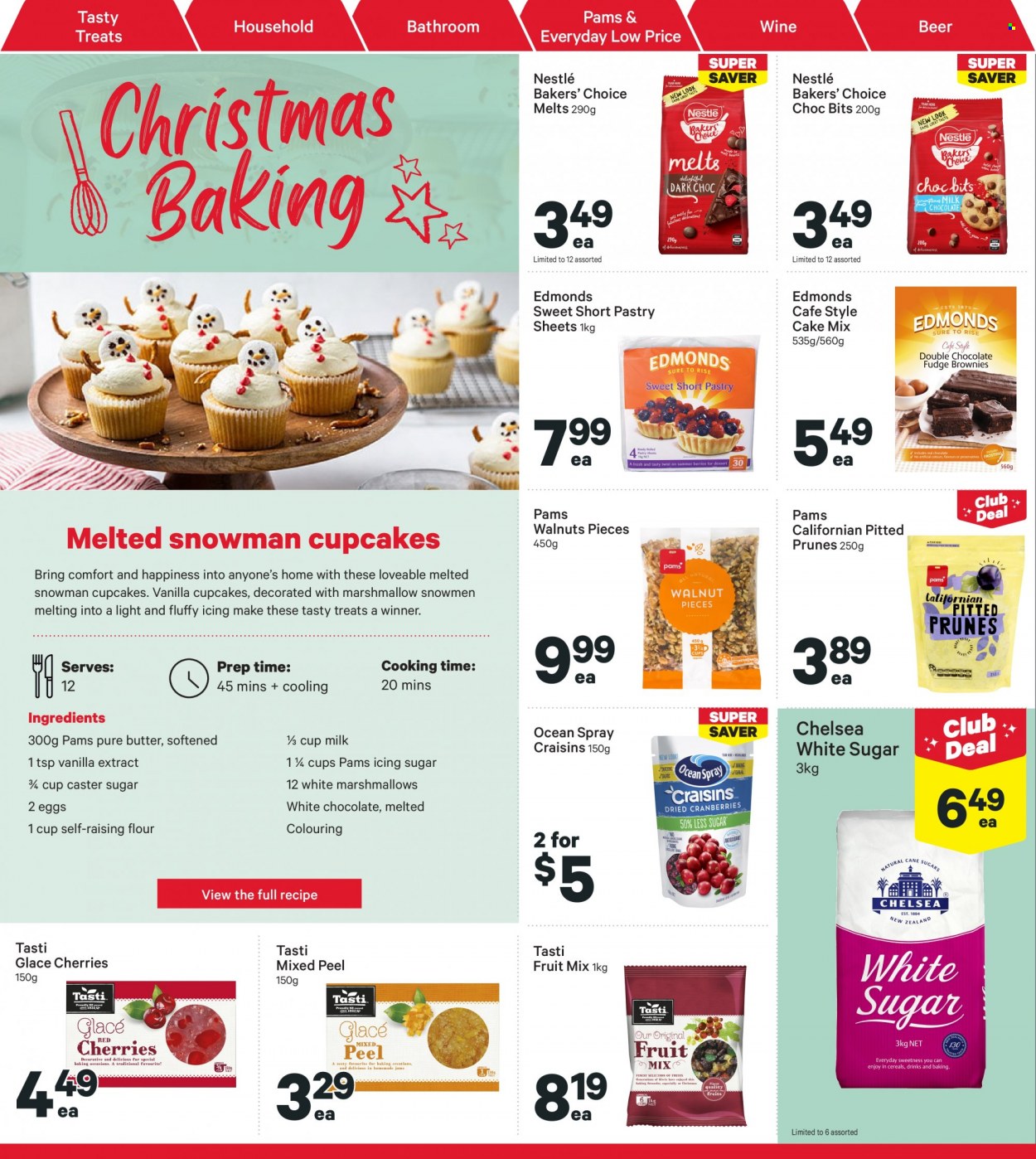 thumbnail - New World mailer - 05.12.2022 - 11.12.2022 - Sales products - cupcake, cake mix, cherries, eggs, butter, marshmallows, Nestlé, chocolate, fruit mix, flour, sugar, icing sugar, caster sugar, vanilla extract, craisins, walnuts, prunes, dried fruit, wine, beer, Bakers. Page 34.