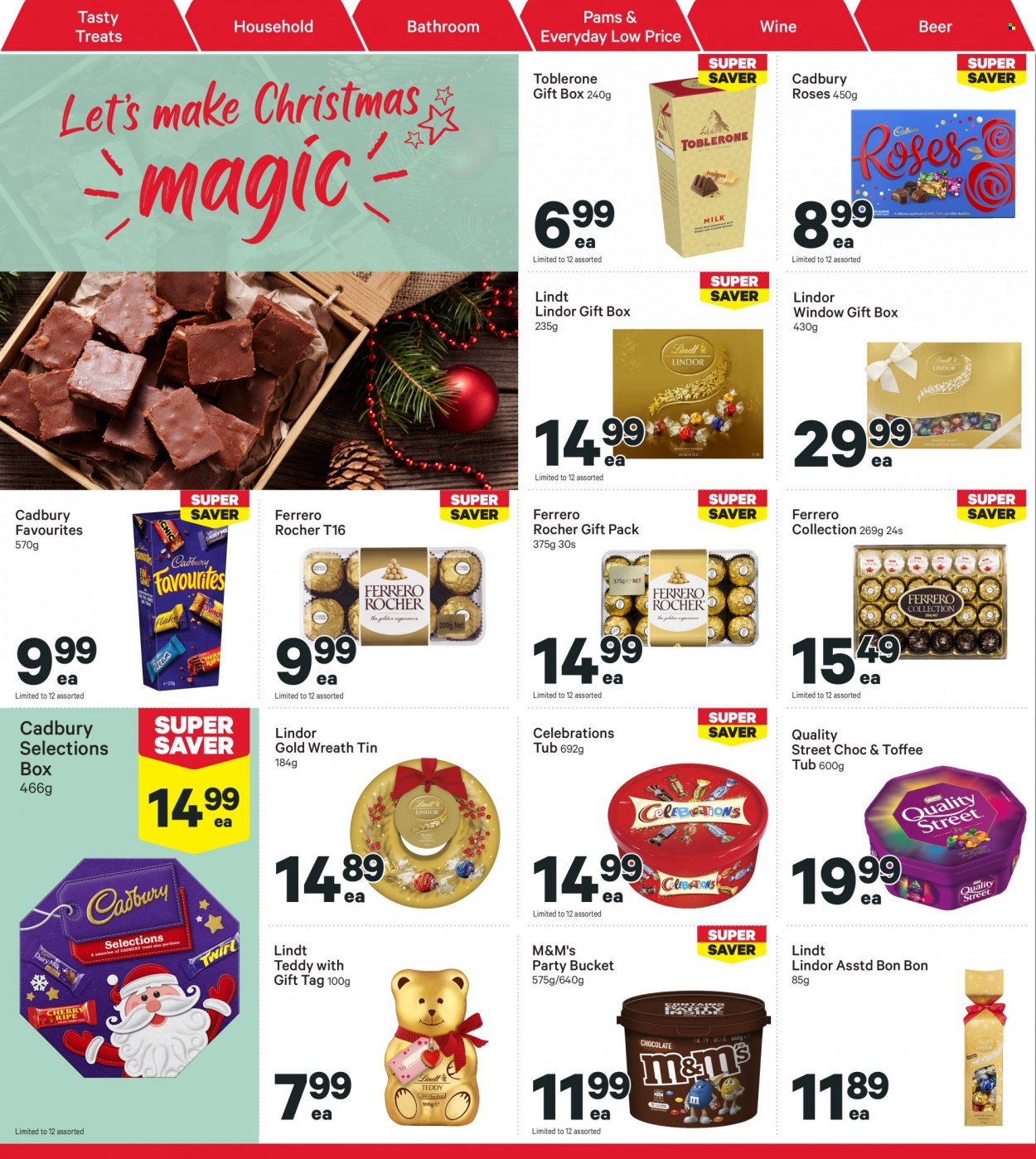thumbnail - New World mailer - 05.12.2022 - 11.12.2022 - Sales products - Ferrero Rocher, Lindt, Lindor, toffee, M&M's, Celebration, Toblerone, Cadbury, Cadbury Roses, wine, beer, gift box. Page 38.