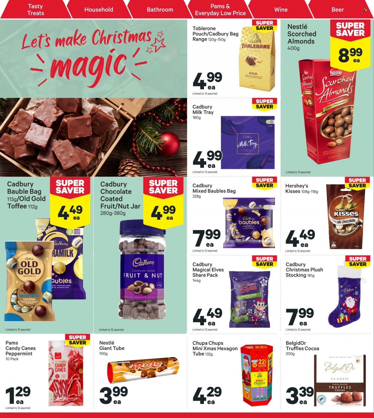 thumbnail - New World mailer - 05.12.2022 - 11.12.2022 - Sales products - Hershey's, Nestlé, chocolate, truffles, toffee, Toblerone, Milk Tray, Cadbury, Scorched Almonds, wine, beer, jar, bauble. Page 40.