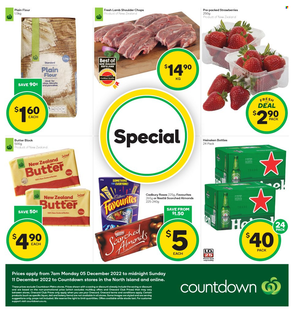 thumbnail - Countdown mailer - 05.12.2022 - 11.12.2022 - Sales products - cake, strawberries, pancakes, butter, salted butter, Nestlé, biscuit, Cadbury, Cadbury Roses, Scorched Almonds, flour, liquor, beer, Heineken, lamb meat, lamb shoulder. Page 1.