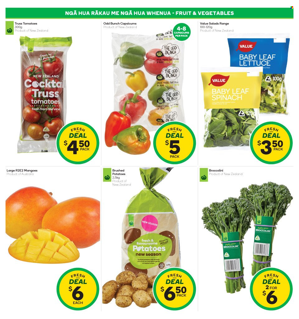 thumbnail - Countdown mailer - 05.12.2022 - 11.12.2022 - Sales products - spinach, tomatoes, potatoes, lettuce, capsicum, broccolini, mango. Page 6.