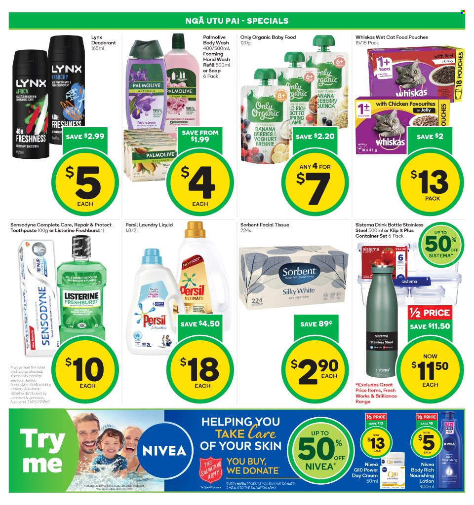 thumbnail - Countdown mailer - 05.12.2022 - 11.12.2022 - Sales products - quinoa, rice, organic baby food, Johnson's, Nivea, tissues, Persil, laundry detergent, body wash, hand wash, Palmolive, soap, Listerine, toothpaste, Sensodyne, day cream, body lotion, body spray, anti-perspirant, deodorant, drink bottle, container, storage container set, animal food, cat food, Whiskas, wet cat food. Page 20.