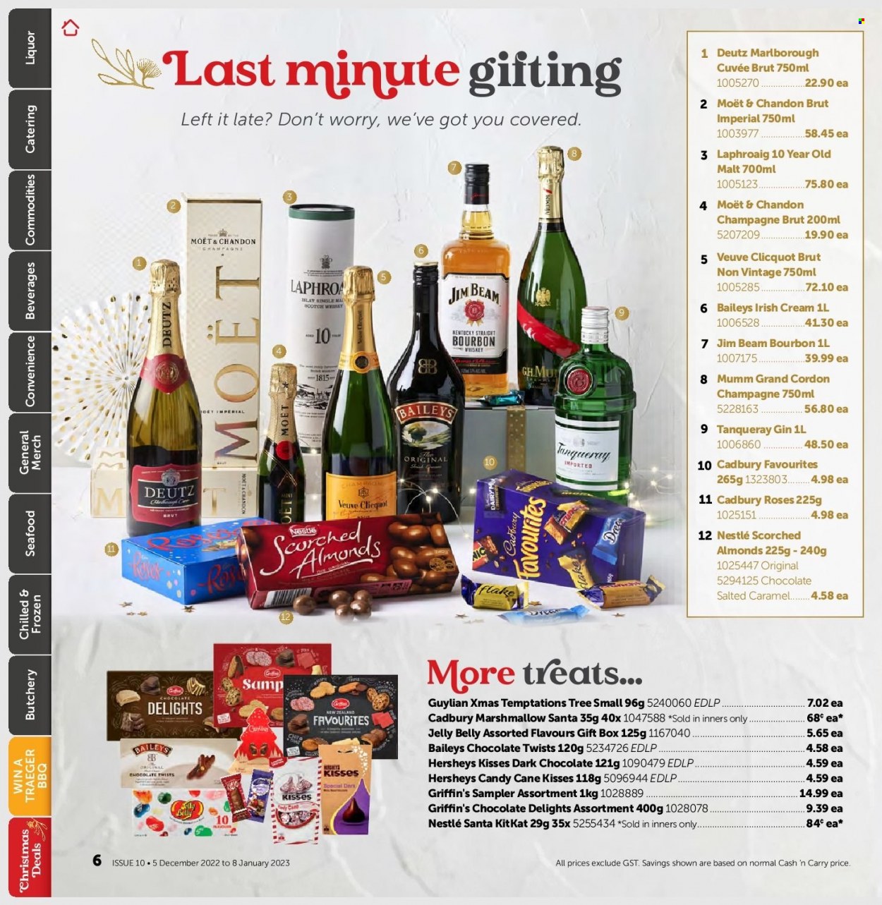 thumbnail - Gilmours mailer - 05.12.2022 - 08.01.2023 - Sales products - seafood, Hershey's, marshmallows, Nestlé, chocolate, candy cane, KitKat, jelly, Santa, dark chocolate, Cadbury, Griffin's, Cadbury Roses, Scorched Almonds, sparkling wine, champagne, Moët & Chandon, Cuvée, Veuve Clicquot, bourbon, gin, whiskey, irish cream, Baileys, Jim Beam, bourbon whiskey, scotch whisky, whisky. Page 5.