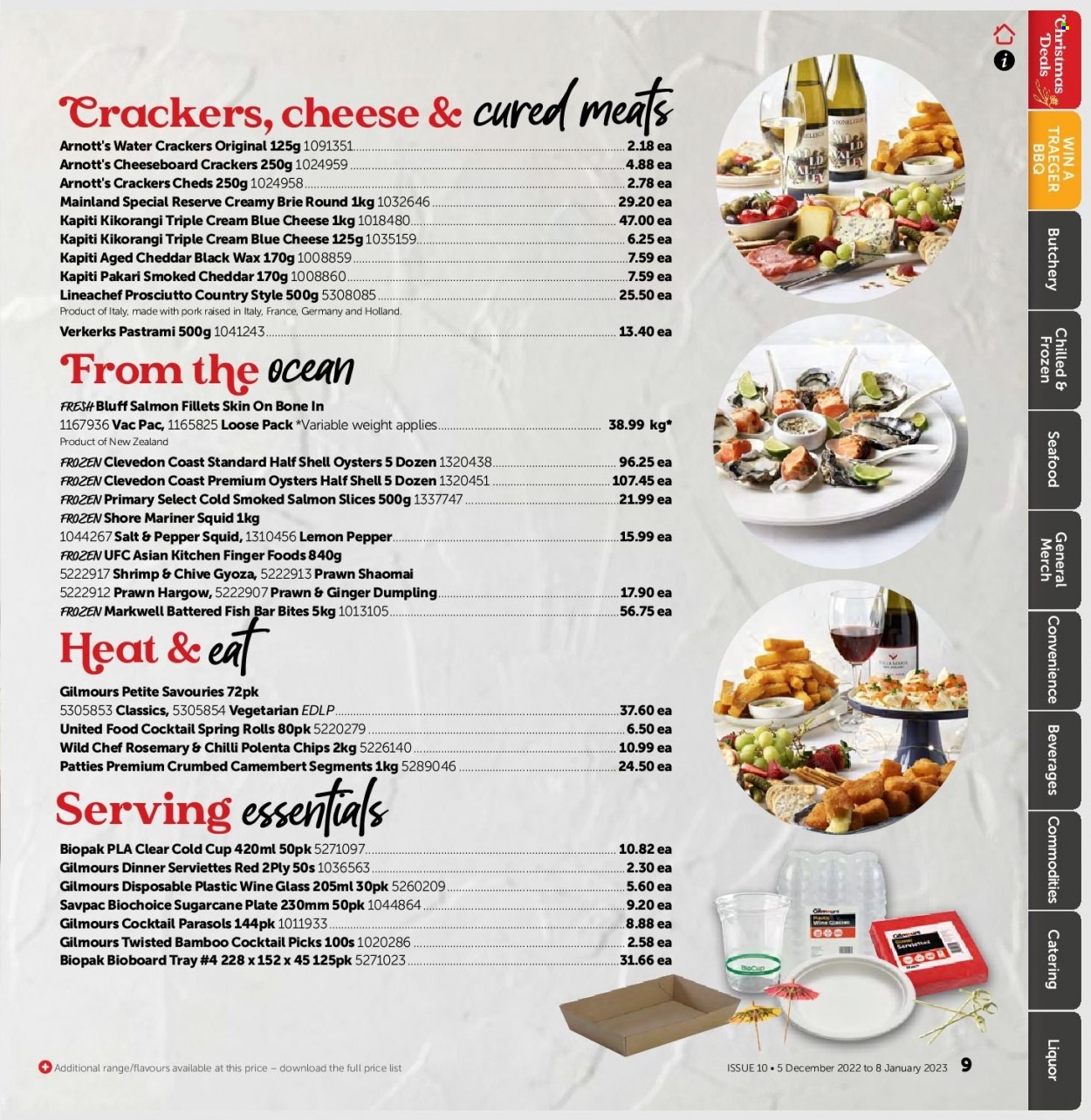 thumbnail - Gilmours mailer - 05.12.2022 - 08.01.2023 - Sales products - sugar cane, salmon, salmon fillet, shrimps, smoked salmon, squid, oysters, seafood, prawns, fish, Shore Mariner, dumplings, spring rolls, prosciutto, pastrami, blue cheese, camembert, brie, crackers, polenta, rosemary, liquor, beef meat. Page 8.