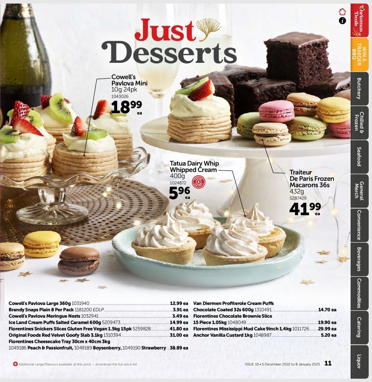 thumbnail - Gilmours mailer - 05.12.2022 - 08.01.2023 - Sales products - cake, puffs, cheesecake, brownies, macaroons, brandy snaps, cream puffs, seafood, custard, Anchor, whipped cream, chocolate, Snickers, brandy, liquor. Page 10.