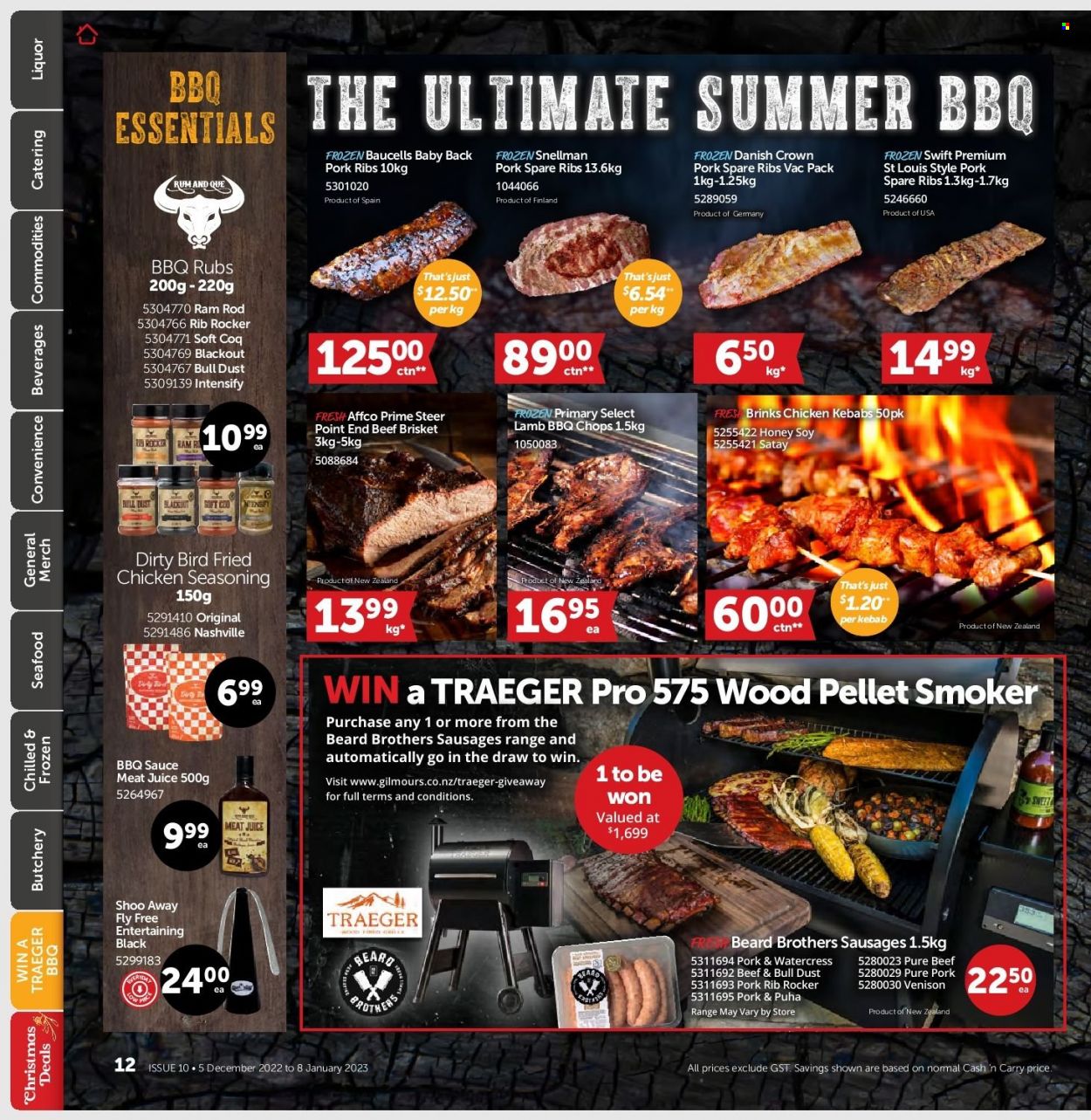 thumbnail - Gilmours mailer - 05.12.2022 - 08.01.2023 - Sales products - seafood, sauce, fried chicken, chicken kabobs, sausage, watercress, spice, BBQ sauce, honey, juice, rum, liquor, BROTHERS, beef meat, beef brisket, pork meat, pork ribs, pork spare ribs, pork back ribs, venison meat. Page 11.