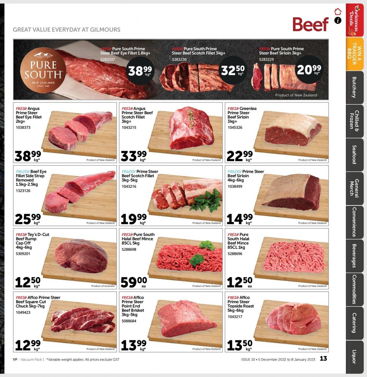 thumbnail - Gilmours mailer - 05.12.2022 - 08.01.2023 - Sales products - seafood, liquor, beef meat, beef sirloin, ground beef, beef tenderloin, eye of round, beef brisket. Page 12.