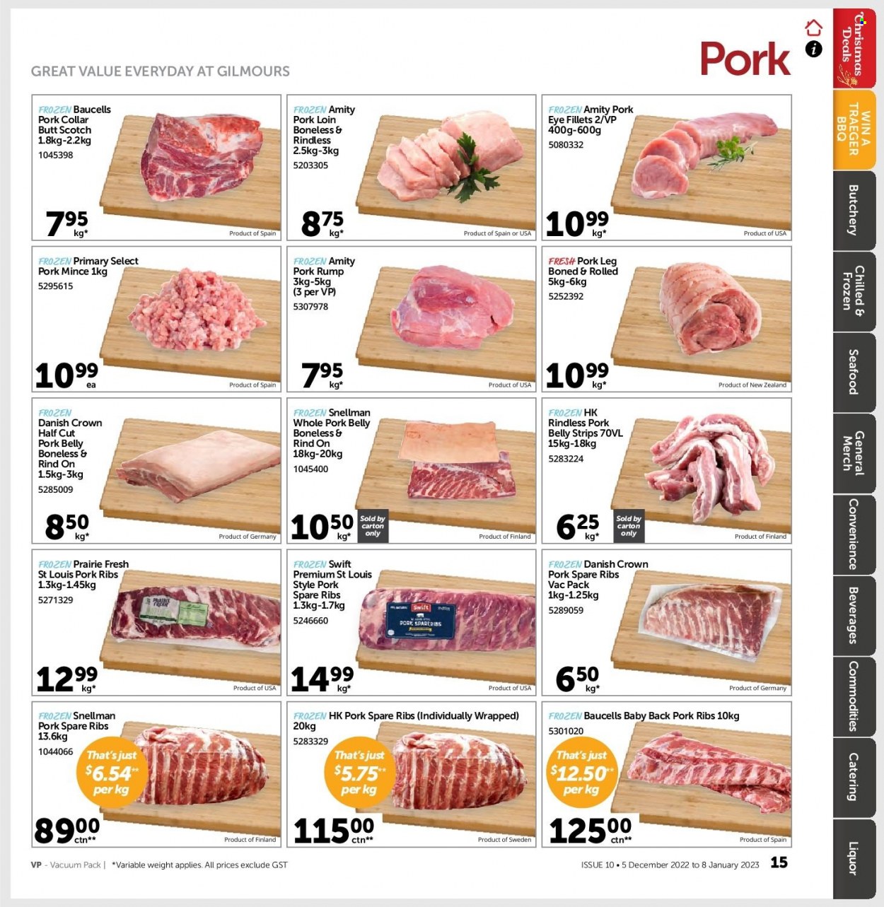 thumbnail - Gilmours mailer - 05.12.2022 - 08.01.2023 - Sales products - seafood, strips, liquor, ground pork, pork belly, pork loin, pork meat, pork ribs, pork spare ribs, pork leg, pork back ribs. Page 14.