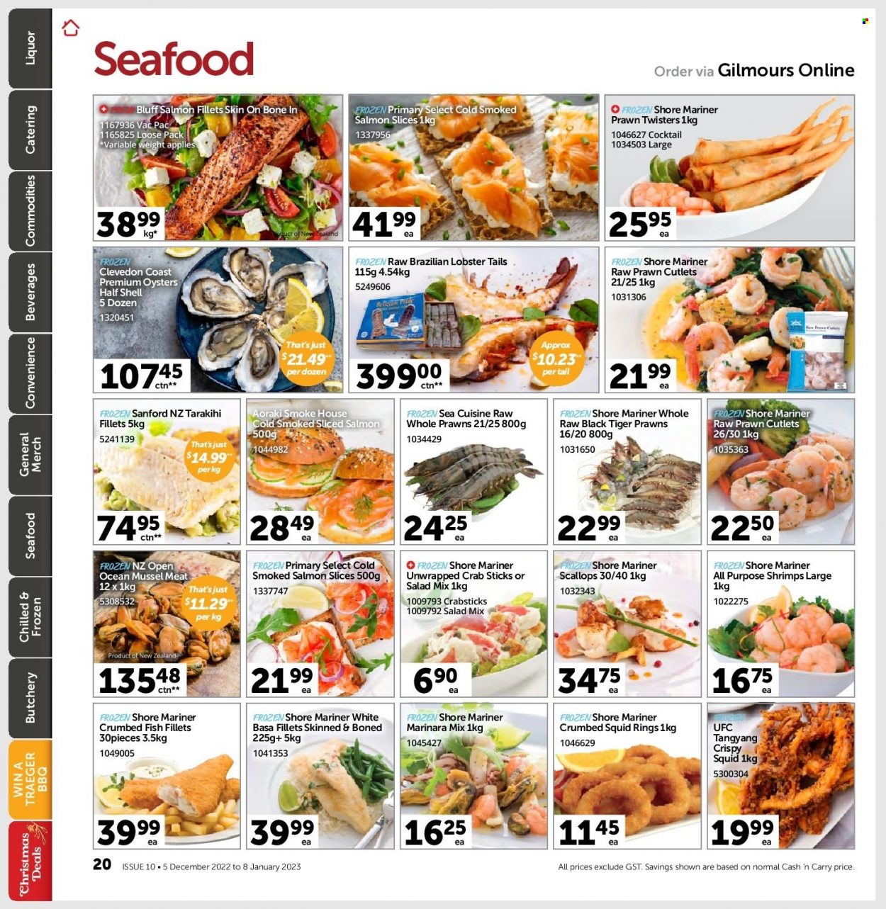 thumbnail - Gilmours mailer - 05.12.2022 - 08.01.2023 - Sales products - fish fillets, lobster, mussels, salmon, salmon fillet, scallops, shrimps, smoked salmon, squid, oysters, seafood, prawns, crab, fish, lobster tail, crumbed fish, Shore Mariner, squid rings, tarakihi, liquor. Page 19.