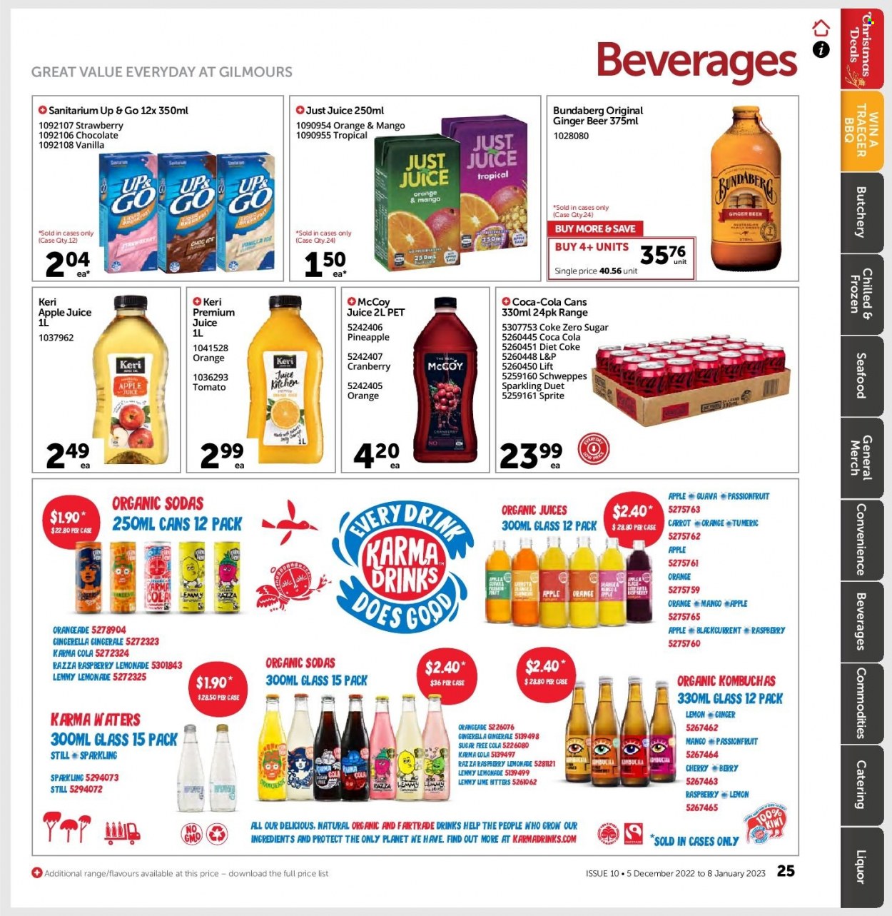 thumbnail - Gilmours mailer - 05.12.2022 - 08.01.2023 - Sales products - guava, kiwi, pineapple, oranges, seafood, chocolate, apple juice, Coca-Cola, lemonade, Schweppes, Sprite, juice, Diet Coke, Coca-Cola zero, L&P, Bundaberg, liquor, beer, ginger beer. Page 24.