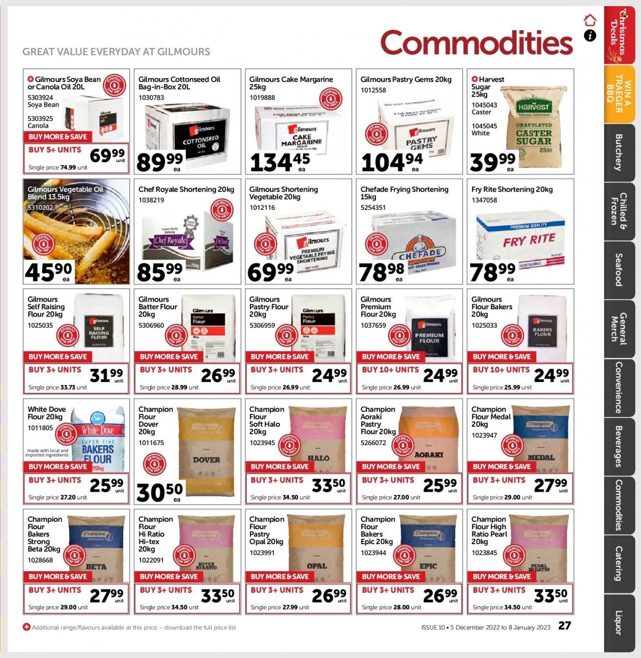 thumbnail - Gilmours mailer - 05.12.2022 - 08.01.2023 - Sales products - cake, seafood, margarine, Dove, flour, shortening, sugar, caster sugar, canola oil, vegetable oil, oil, liquor. Page 26.