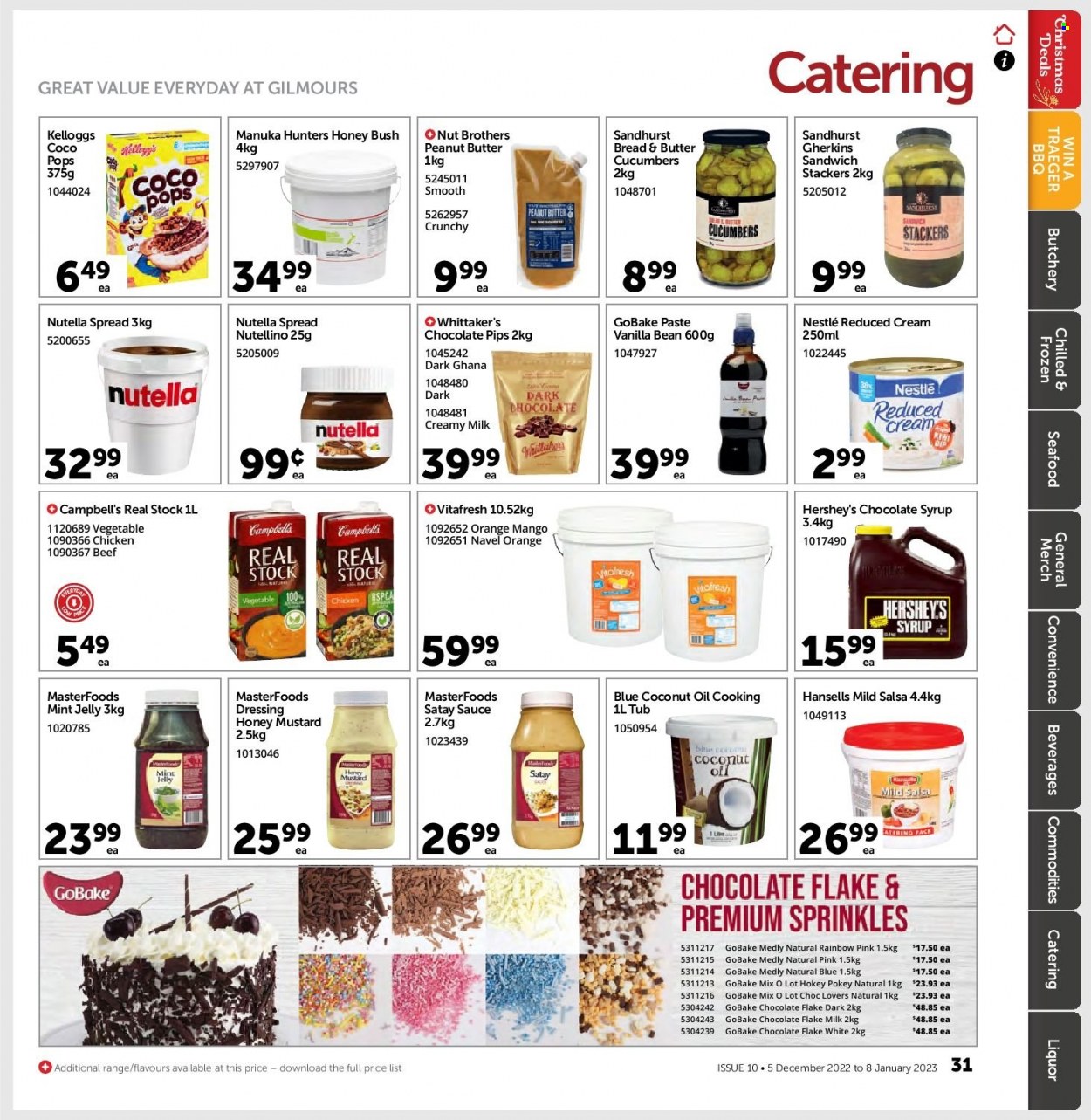 thumbnail - Gilmours mailer - 05.12.2022 - 08.01.2023 - Sales products - cucumber, mango, oranges, navel oranges, seafood, Campbell's, sandwich, sauce, Hershey's, Nestlé, Nutella, jelly, dark chocolate, Whittaker's, coco pops, mint jelly, mustard, honey mustard, dressing, salsa, coconut oil, oil, peanut butter, chocolate syrup, syrup, liquor, BROTHERS. Page 30.