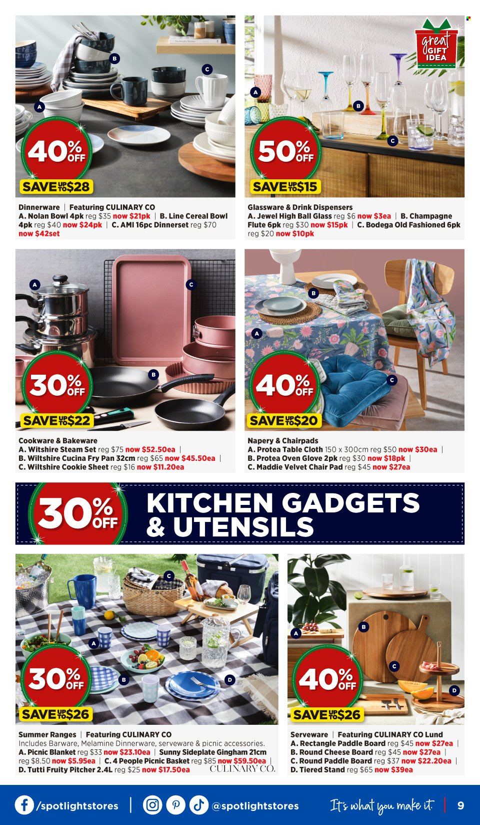 thumbnail - Spotlight mailer - 07.12.2022 - 24.12.2022 - Sales products - basket, barware, cookware set, dinnerware set, glassware set, utensils, champagne flute, pitcher, pan, bowl, serveware, bakeware, cheese board, chair pad, tablecloth, blanket. Page 9.