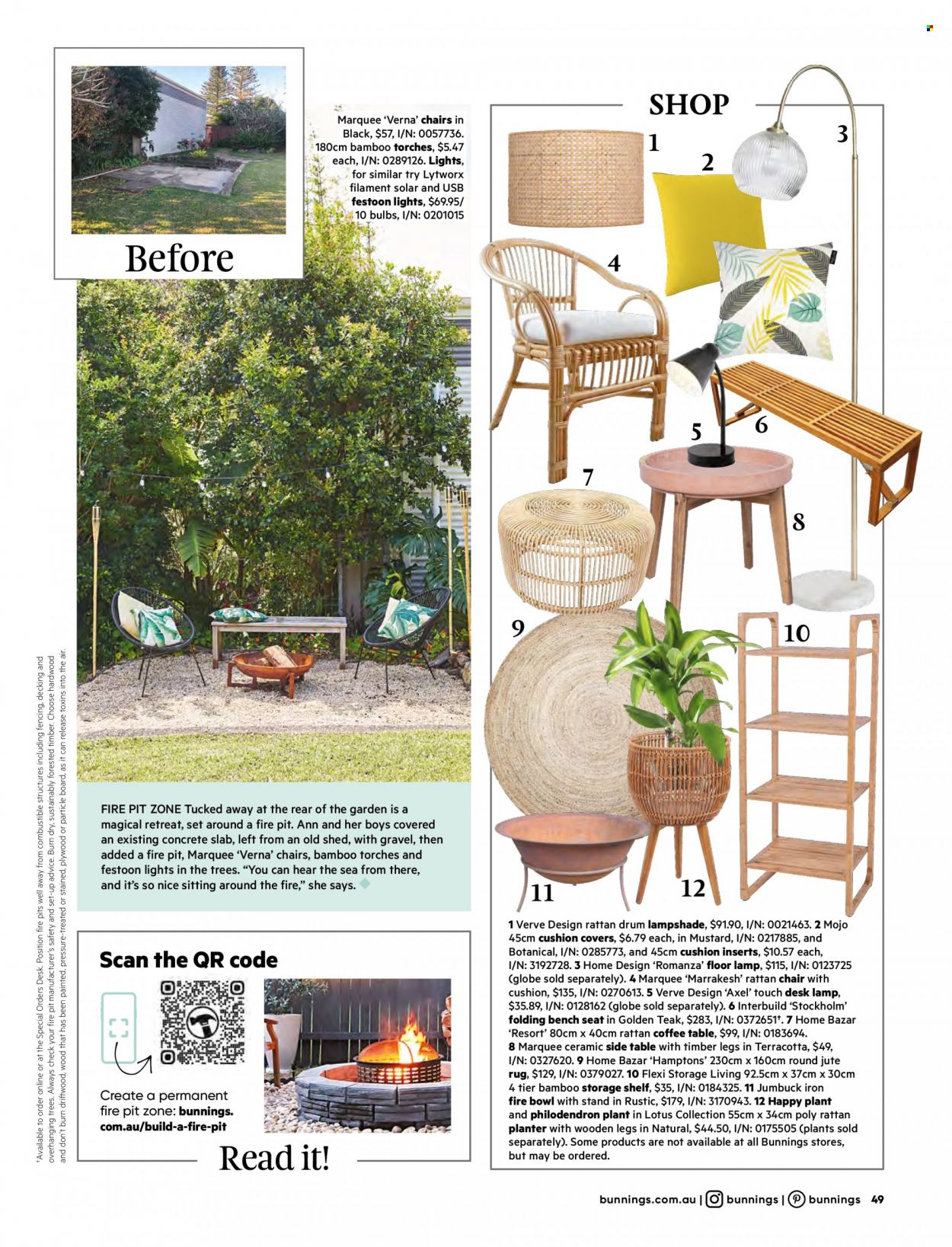 thumbnail - Bunnings Warehouse mailer - 01.01.2023 - 31.01.2023 - Sales products - table, chair, bench, coffee table, sidetable, shelves, desk, Lotus, mustard, bulb, lamp, floor lamp, rug, plywood, shed, fire bowl. Page 49.