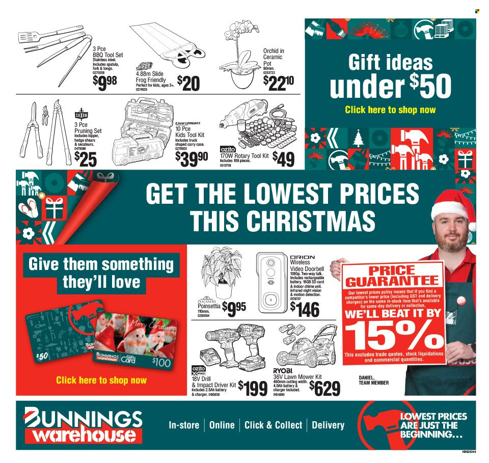 thumbnail - Bunnings Warehouse mailer - 07.12.2022 - 24.12.2022 - Sales products - fork, spatula, pot, rechargeable battery, doorbell, video doorbell, impact driver, Ryobi, lawn mower, tong, tool set, poinsettia. Page 1.