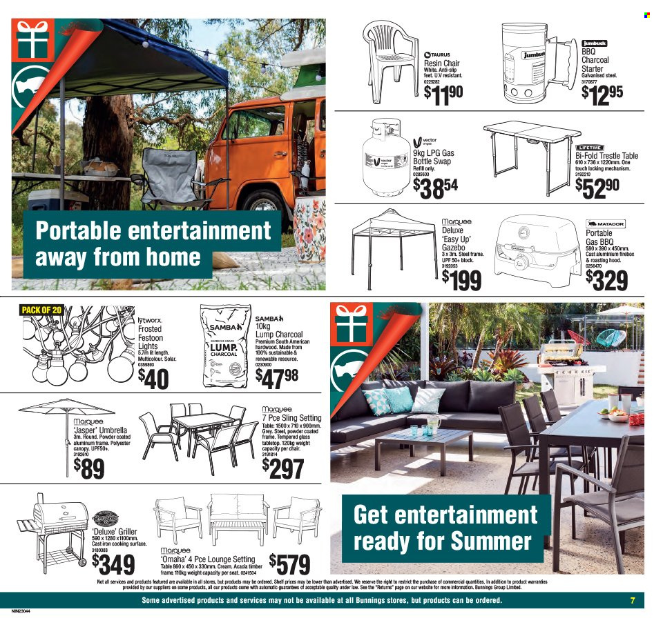 thumbnail - Bunnings Warehouse mailer - 07.12.2022 - 24.12.2022 - Sales products - table, chair, lounge, shelves, gas bottle, gazebo, umbrella, firebox. Page 7.