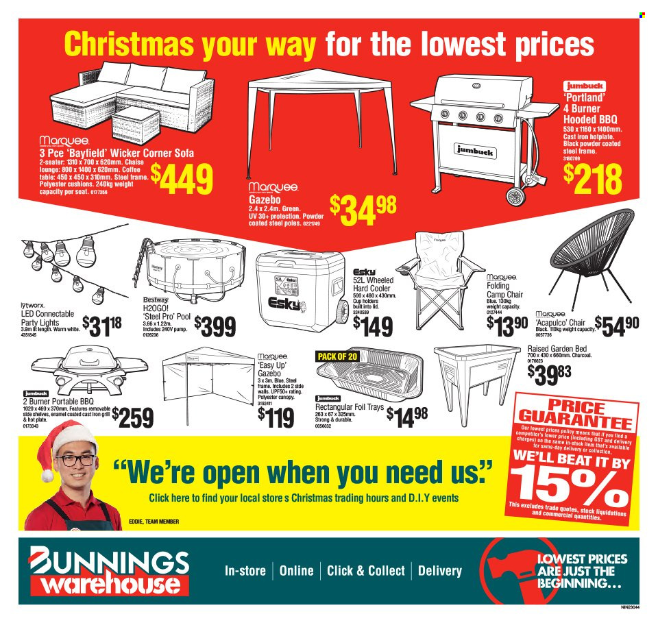 thumbnail - Bunnings Warehouse mailer - 07.12.2022 - 24.12.2022 - Sales products - table, chair, corner sofa, sofa, lounge, coffee table, cushion, lid, plate, gazebo, grill, portable barbecue, pool, garden bed. Page 8.
